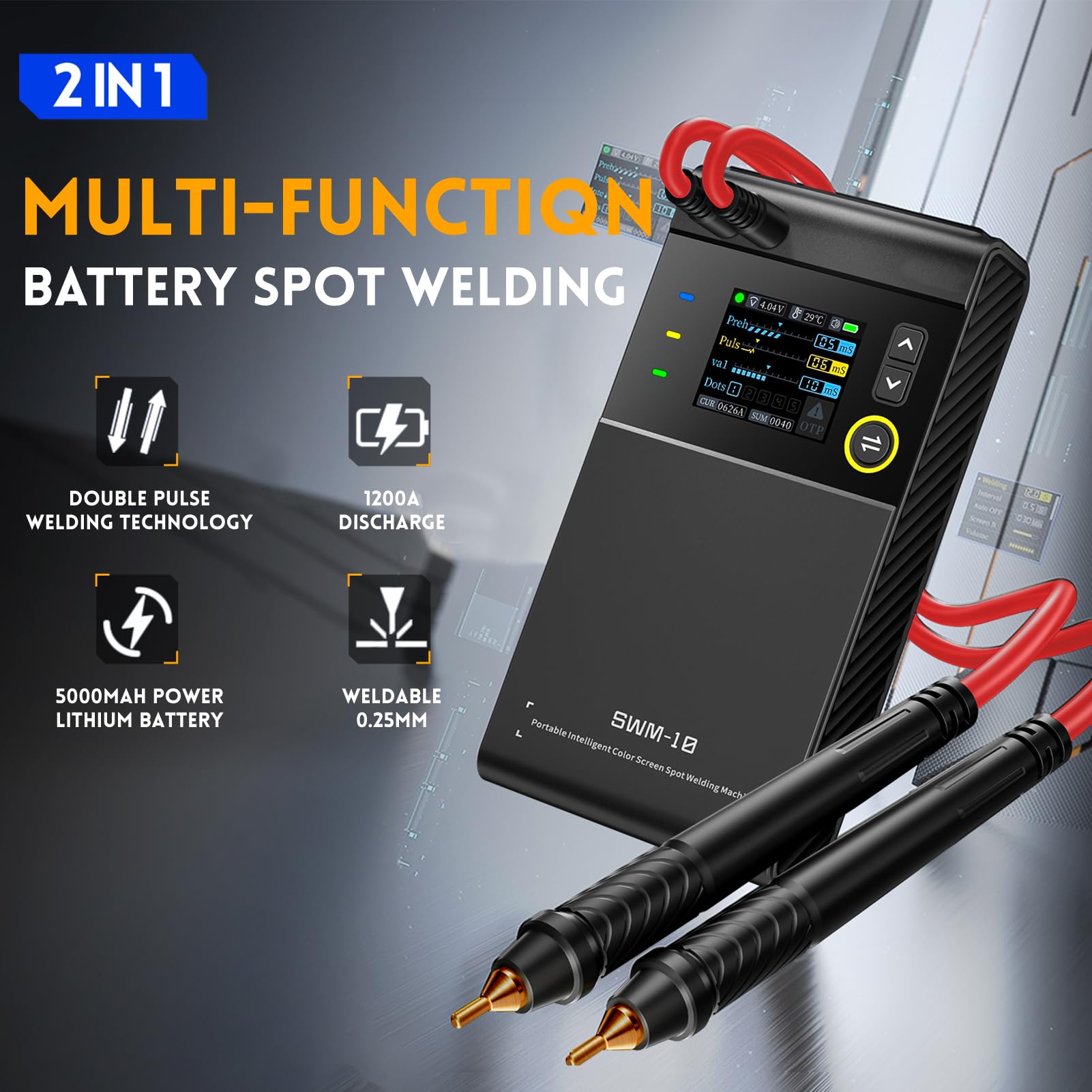 Soudeuse par Points Portable 0,1-0,25mm, SWM-10 Mini Spot Welder 0-1200A avec Écran LCD et Batterie 5000mAh, pour la Fabrication de Batteries DIY