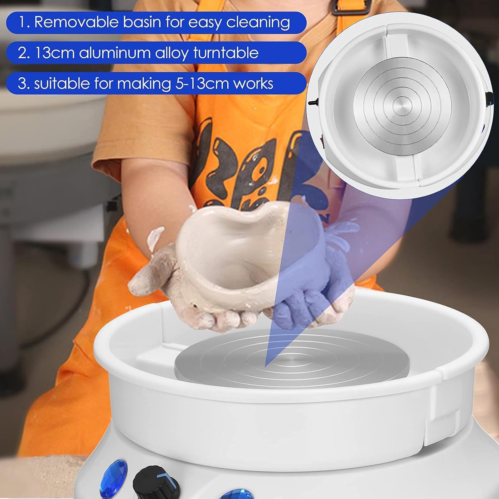 Ruota in ceramica elettrica da 350 W, controllo LCD touch, bacino rimovibile, piastra da 25 cm, 200 giri/min, kit utensili 11 pezzi, motore brushless silenzioso per casa e aula fai da te arte in