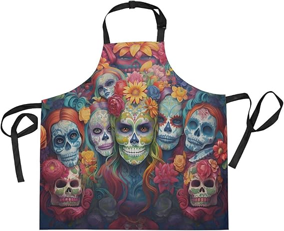 ALAZA Sugar Skulls Day Of Dead Apron with 2 Pockets for Women Men Adjustable Garden Bib