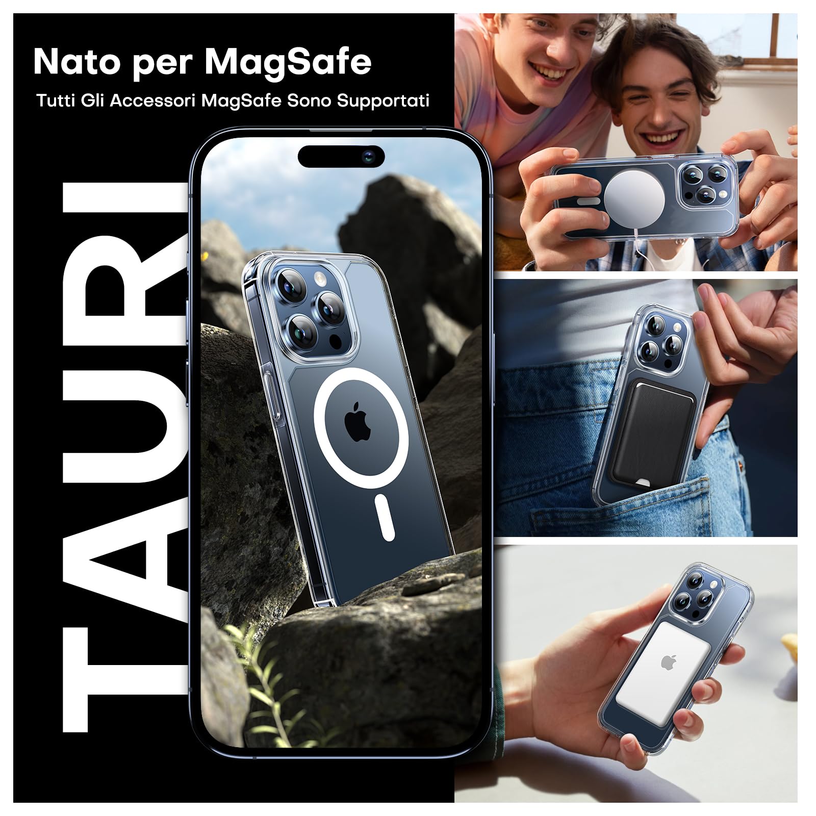 TAURI 3 in 1 Kit Magnetica Cover per iPhone 15 Pro Max [Compatibile con MagSafe] con 2 Pellicola in Vetro Temperato,Custodia Rigida per Sottile Anti-Ingiallimento-Trasparente