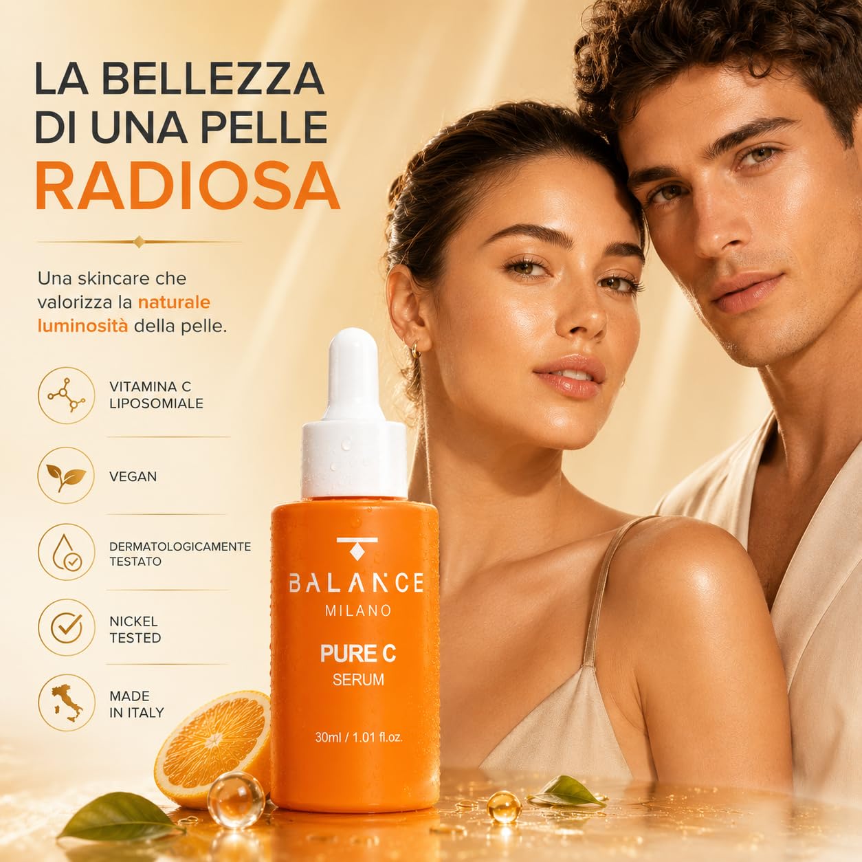 Siero Vitamina C Viso, Acido Ialuronico e Limone - Made in Italy - 30ml | Siero Illuminante Viso - Antiossidante e Anti-Macchia - Texture Fresca Rapido Assorbimento - Skin Care BALANCE MILANO