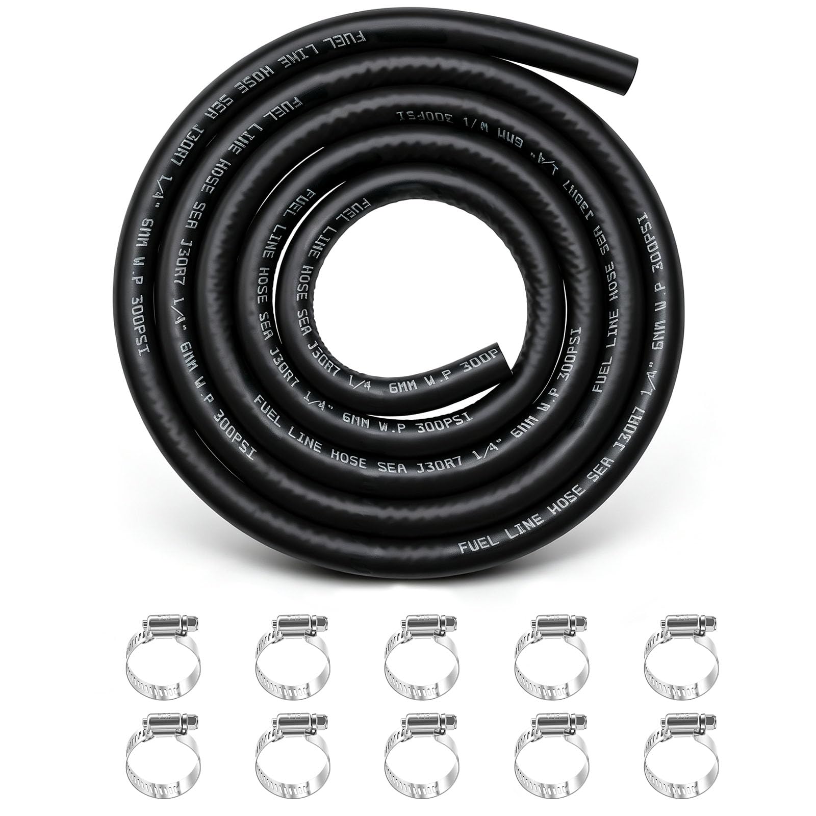 1/4 Inch ID Fuel Line Hose Reinforced Kit: 6 feet Hose, 10 x stainless steel Clamps (3/8"-5/8") for conveying gasoline, E-85, diesel, and bio-diesel