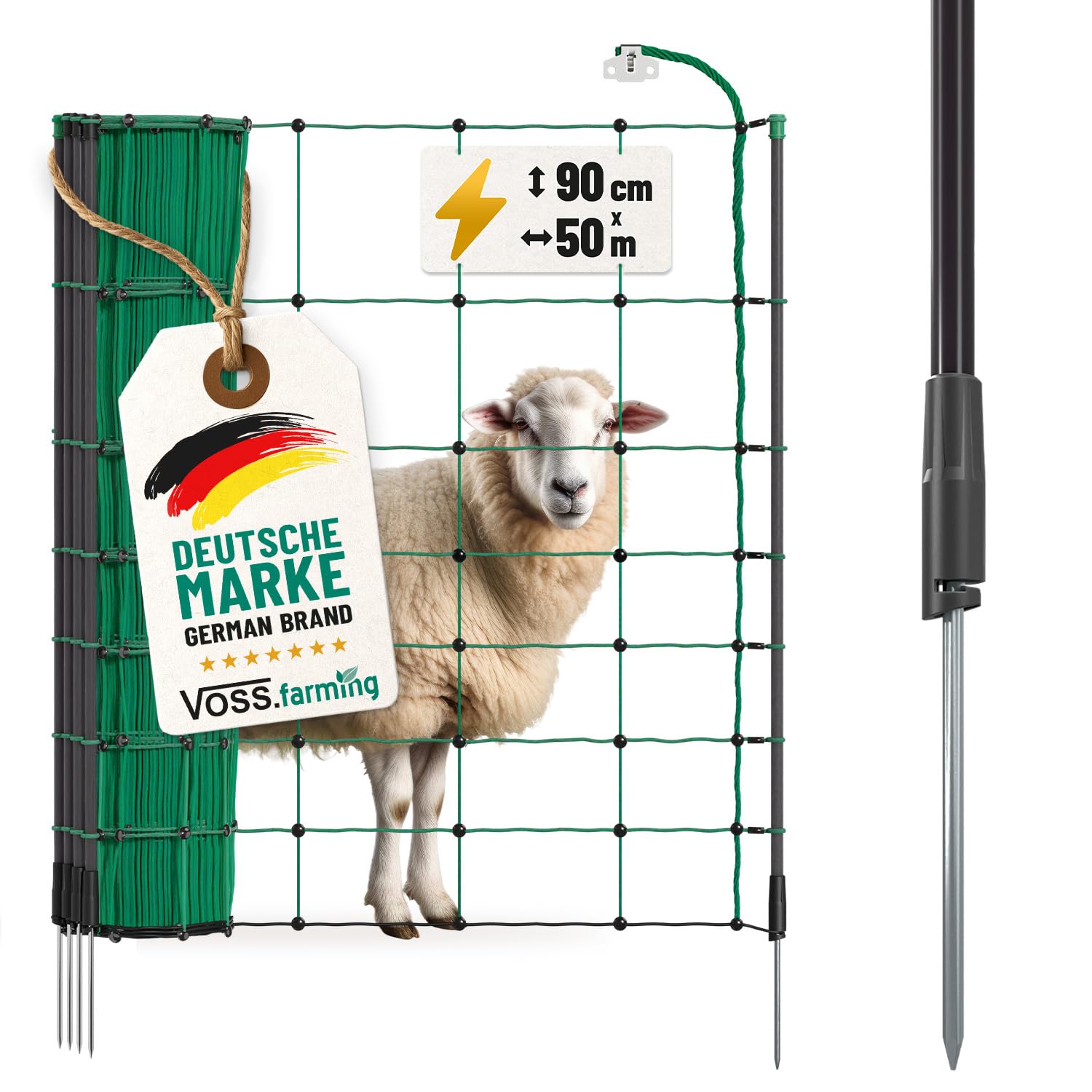 VOSS.farming Malla eléctrica para ovejas, Cabras, Rollo de 50m de Longitud y 90cm de Altura, 14 Postes Sencillos y Kit de reparación