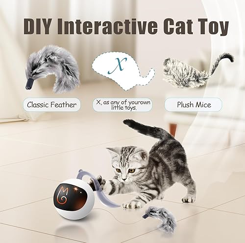Vista 3 de Migipaws Juego de juguetes interactivos para gatos, rastreador divertido, bola de persecución automática con cola esponjosa, un pequeño ratón, Blanco