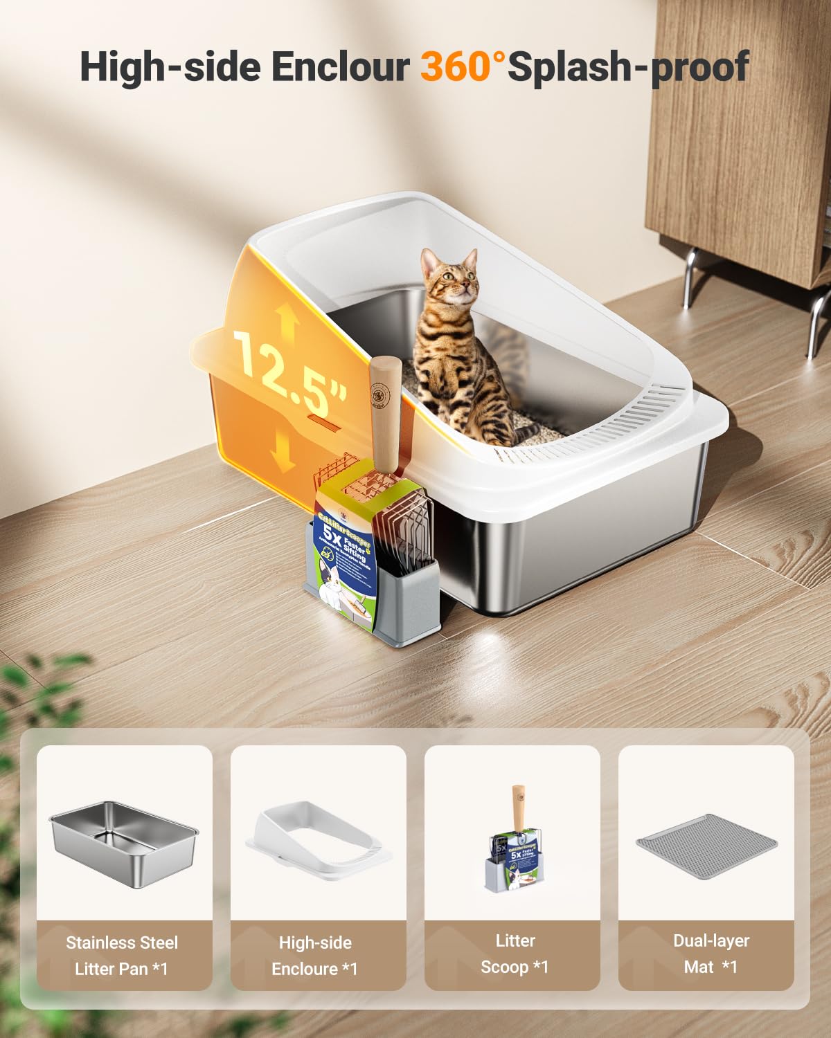 2 Pack Stainless Steel Cat Litter Box with High Sides Lid, XL Extra Large Metal Litter Box for Large Kitty and Multi-Cats, Anti-Urine Leakage, Non-Sticky, Include Scoop and Mat (Black＆White) - image 4