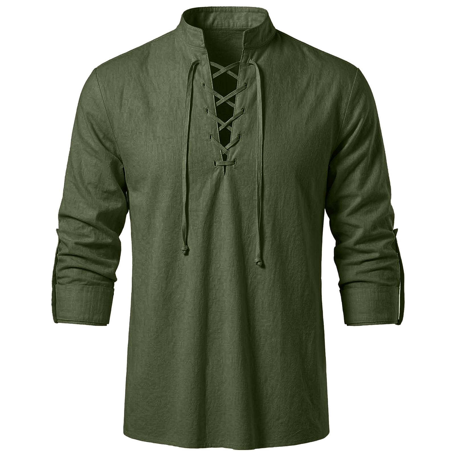 FJKVKDT Men's Medieval Renaissance Shirt, Lace Up V Neck Long Sleeve Pirate Shirt, Stand Collar Gothic Viking Casual Shirt for Cosplay Halloween LARP (Army Green, XXL)