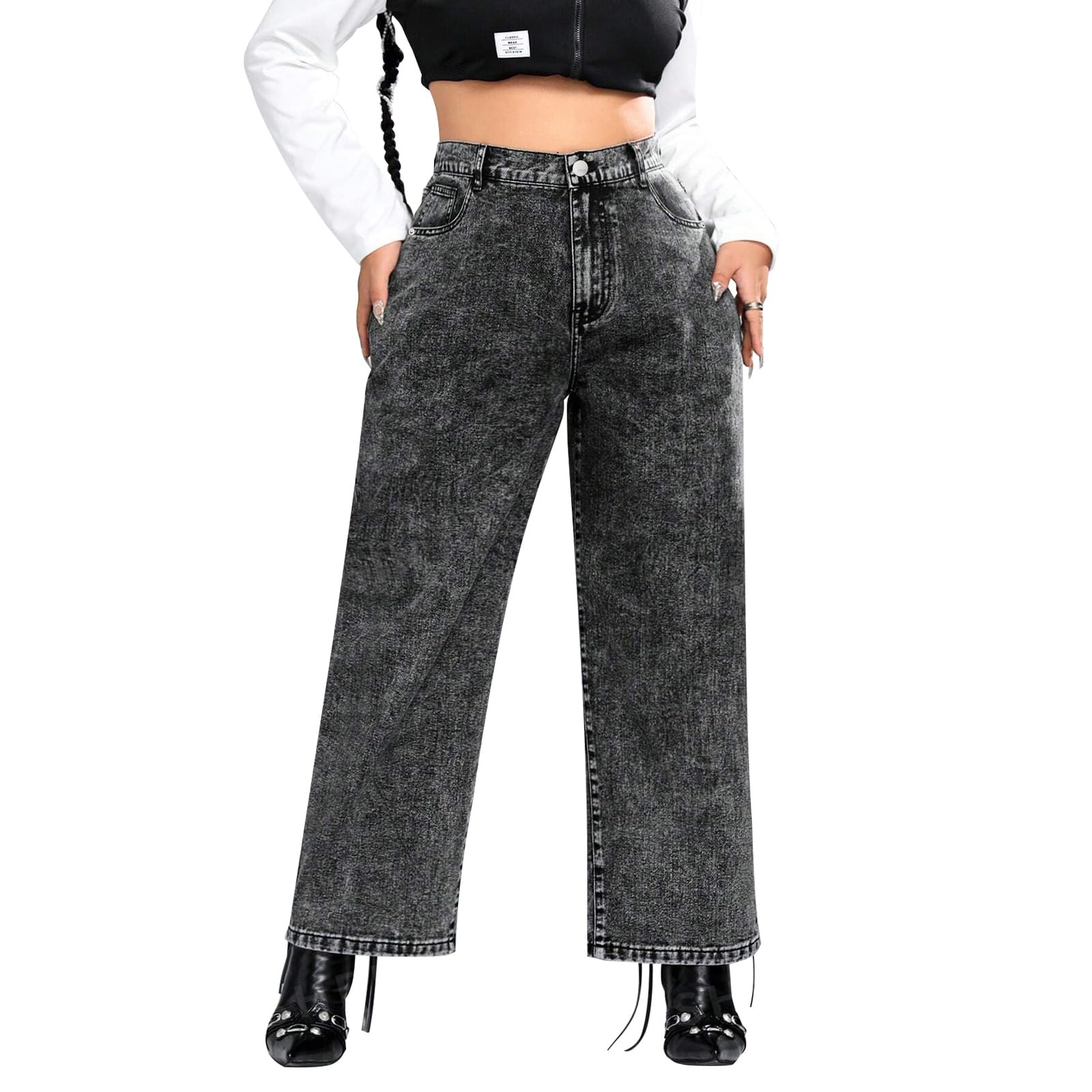 LEIJIJEANS Plus Size Baggy Jeans for Women Wide Leg Women Jeans Full Length Mom High Waist Tall Loose Wide Leg Pants
