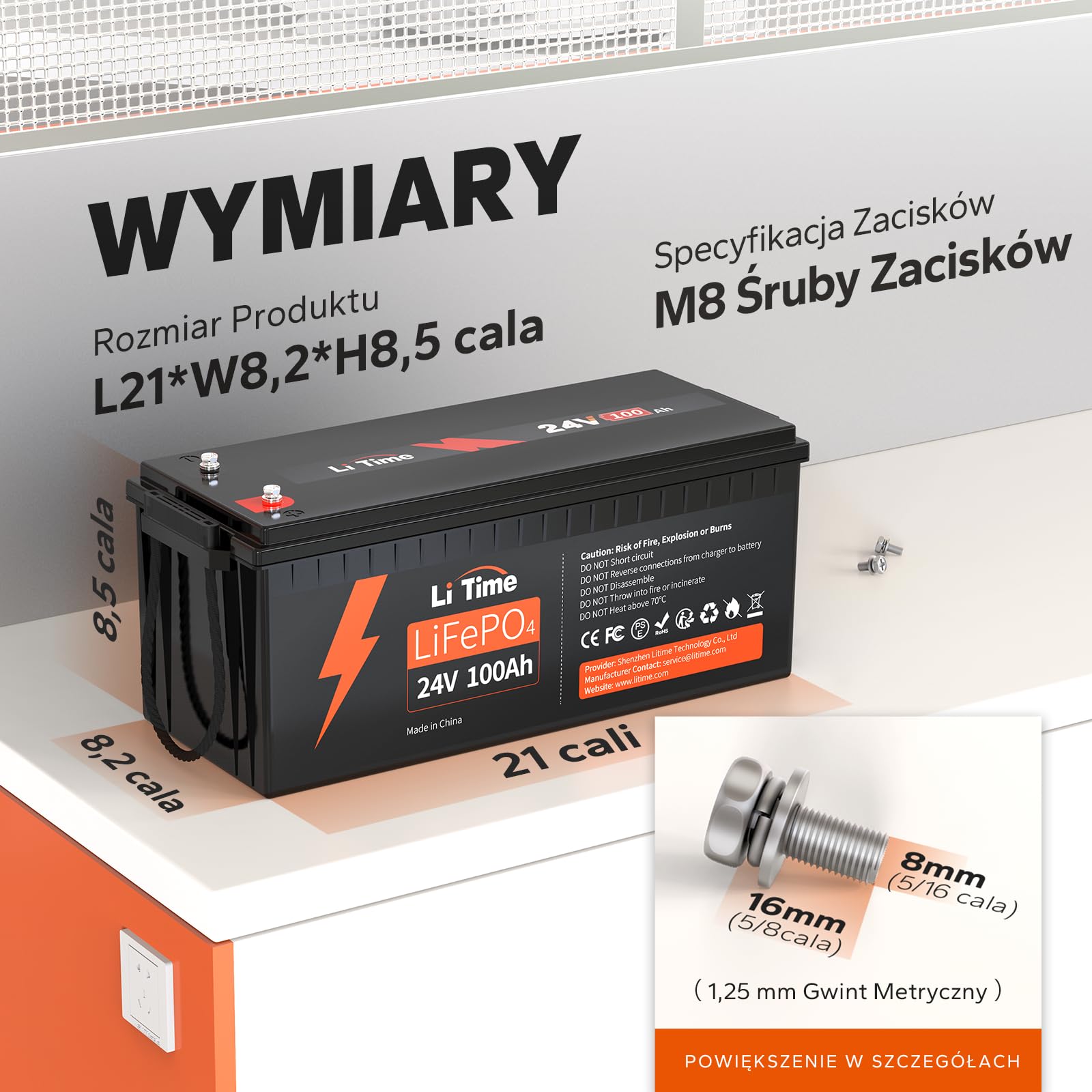 LiTime Bateria litowa LiFePO4 24V 100Ah, Akumulator LiFEPO4 Wbudowany 100A BMS, 4000+ Cykli, 10 Lat Żywotności, Bateria Lifepo4 24V Odpowiednia Do Przyczep Kempingowych, Solarnych, Morskich