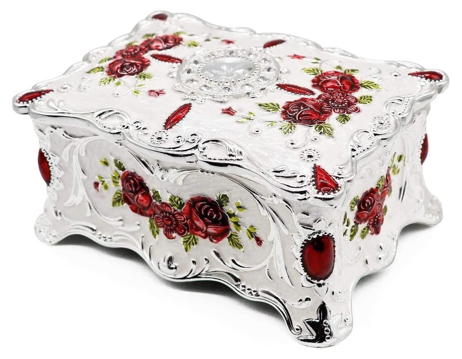 Genérico Joyero Metálico Vintage De Estilo Europeo, De Doble Capa con Espejo, Grabados Florales Vintage Y Decoraciones De Cristal, Dimensiones Exteriores 18,2 X 12,9 X 8,9 Cm