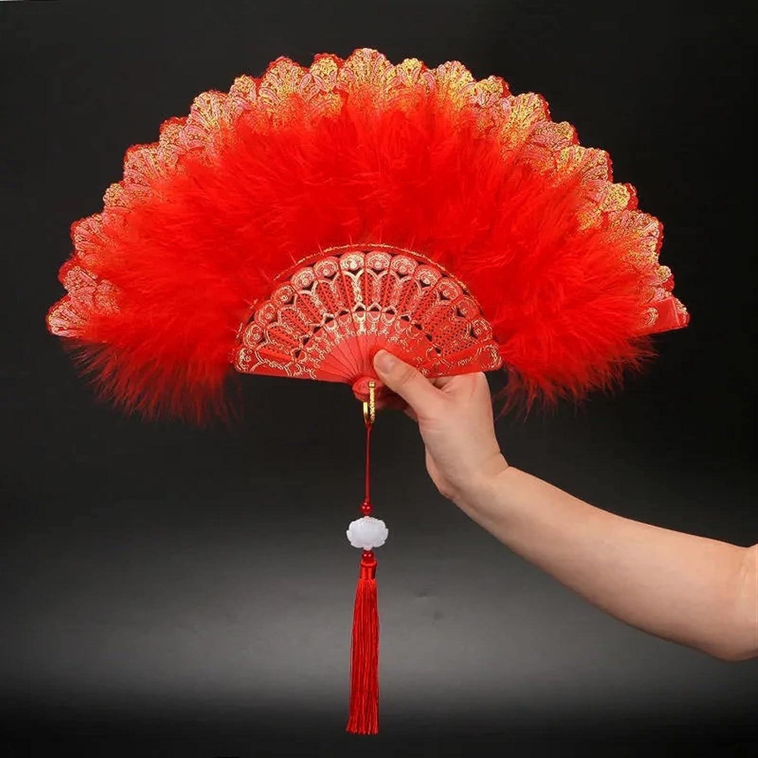 ROHCGHC folding fan, Handheld Feather Fan,Vintage Folding, Dance Hand with Pendant Gift Wedding Party Decoration(Red With Pendant)