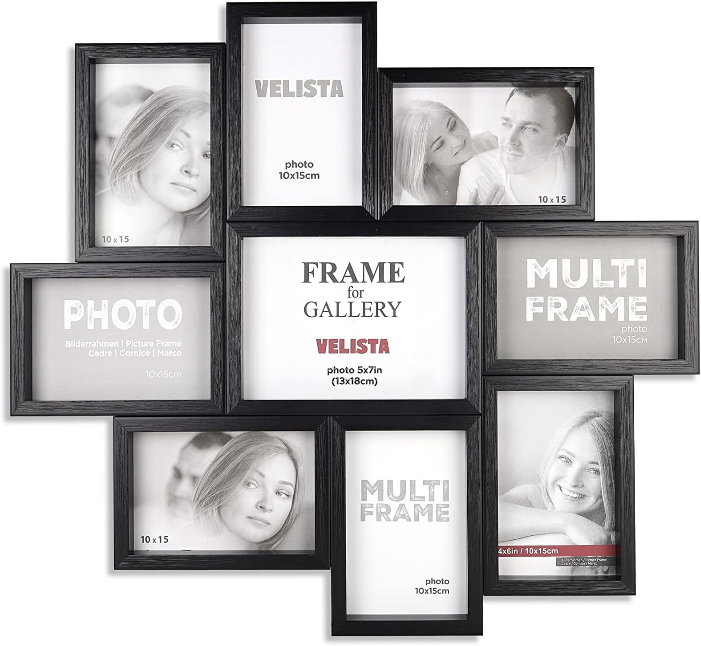 VELISTA 9 Opening Family Picture Frame Collage for Wall Décor – Premium Multi Picture Frame – Modern Photo Collage Frame - Multiple Picture Frame Made of Engineered Wood with Plexiglass Front (Black)