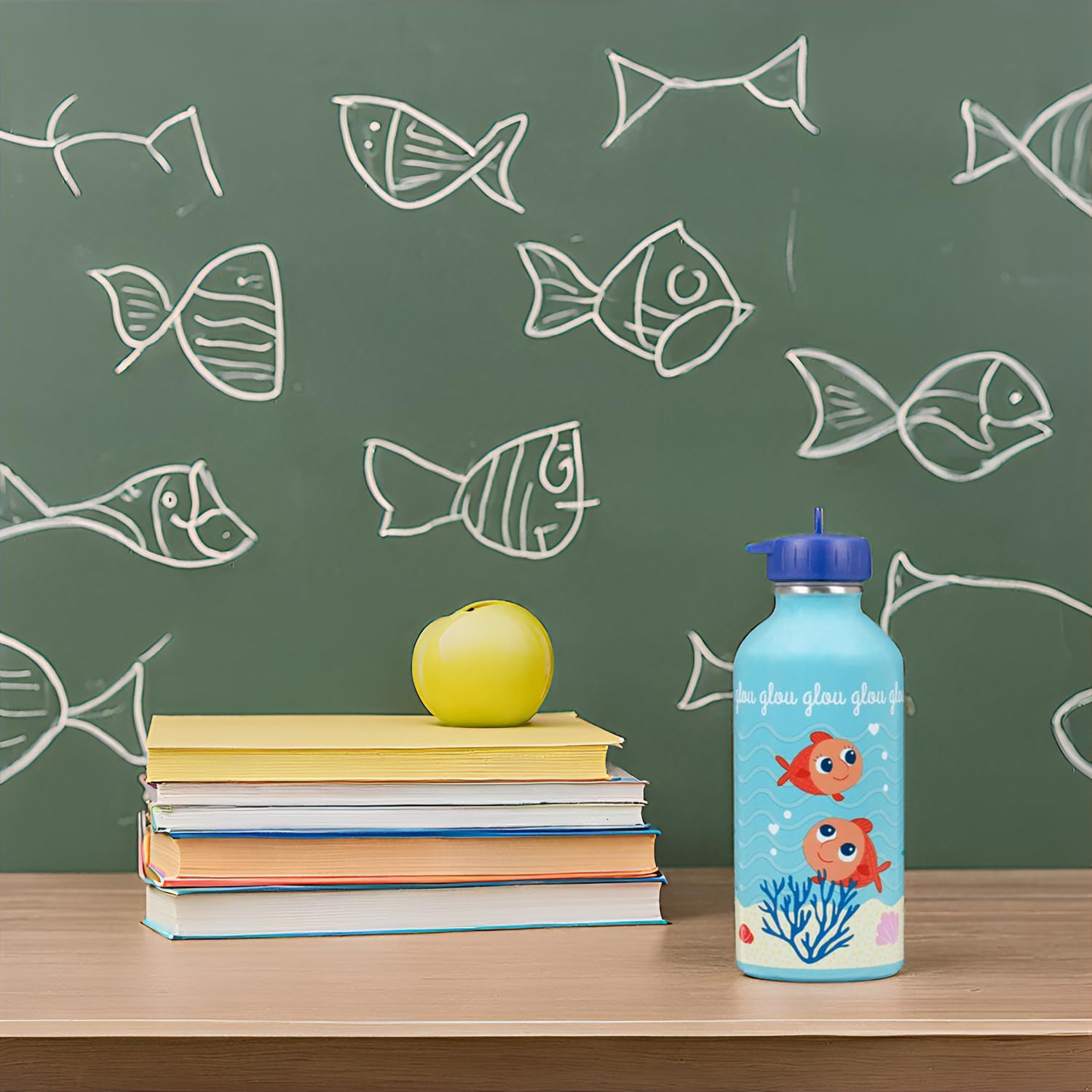 DRAEGER PARIS 1886 - Gourde Enfant Acier Inoxydable 300ml - Facile à Nettoyer - Bleu avec Message Glou Glou Glou - Écologique, Durable et Réutilisable - École & Sports - Taille Compacte 17x6,5 cm