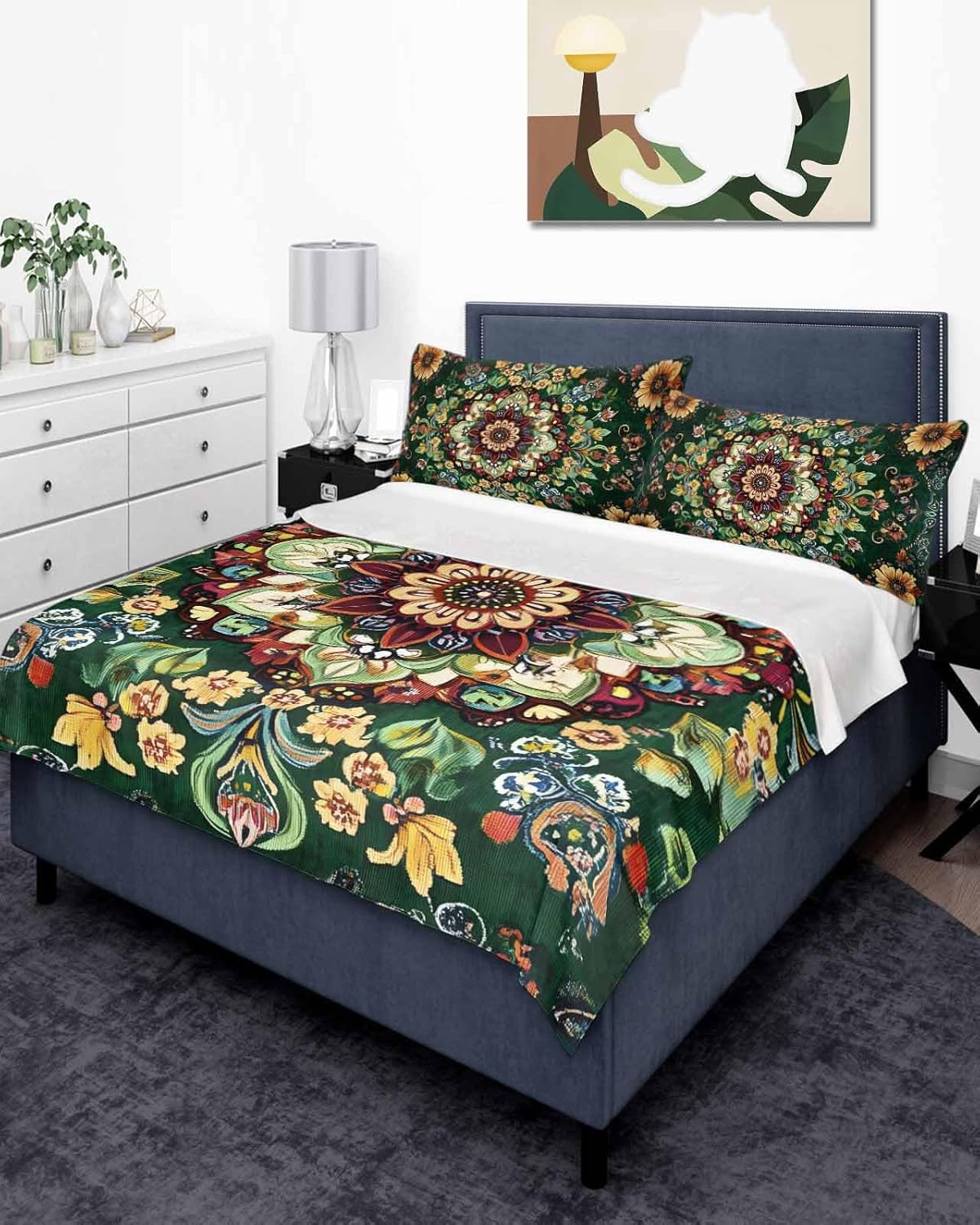 King Size Flat Sheet Only, Boho Flower Soft Brushed Microfiber Bed Sheets, Bohemian Gorgeous Patterns Ethnic Bohemian Hotel Quality Breathable Bedding Top Sheet, Easy Care, 105"x98"