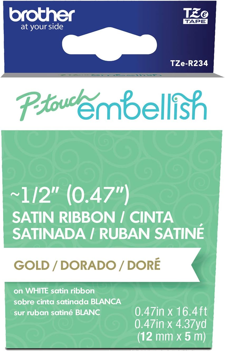 Brother P-Touch Embellish Gold Print on White Satin Ribbon TZER234 – ~½” Wide x ~13.1’ Long for use with P-Touch Embellish Ribbon & Tape Printer