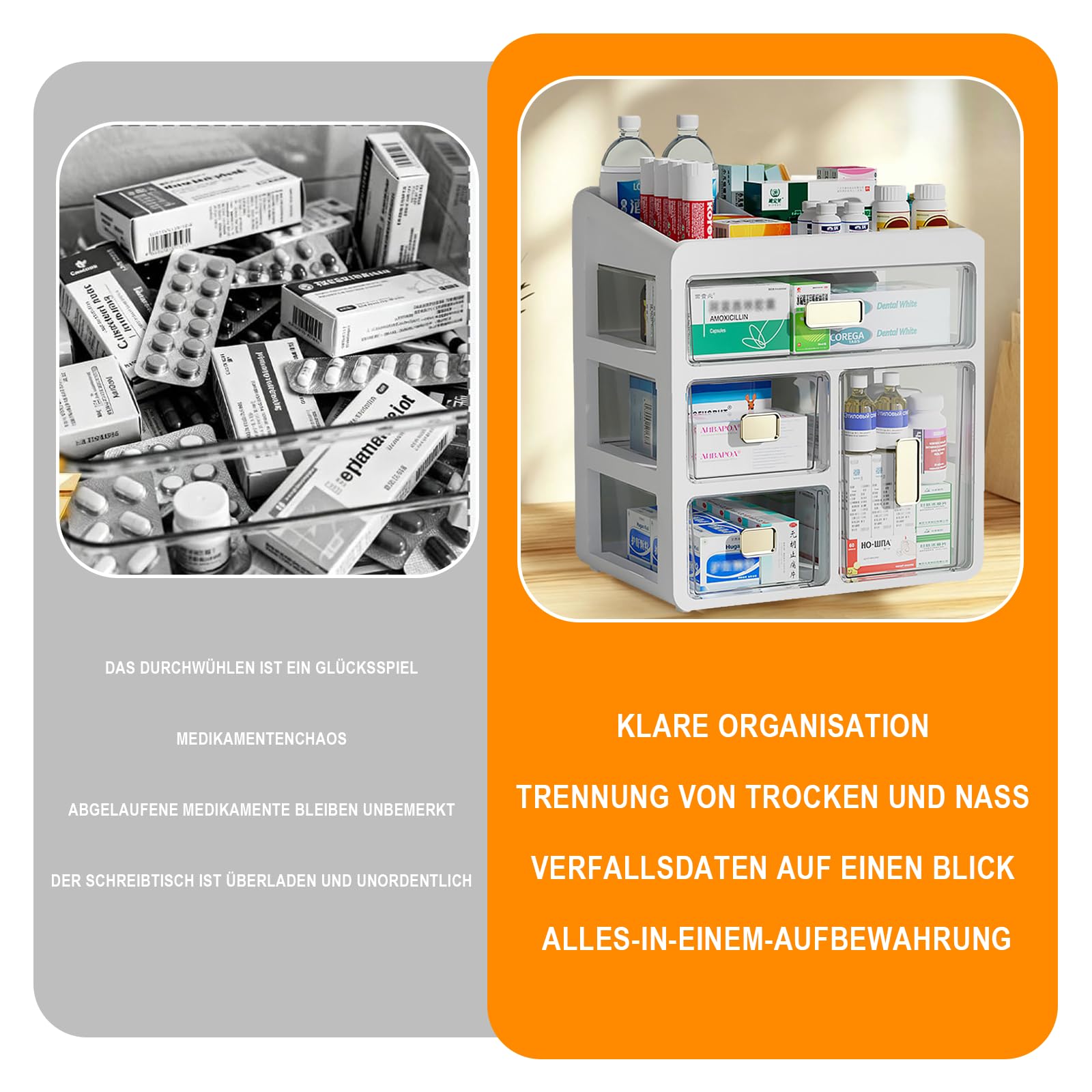 Organizador de medicamentos de 4 niveles con cajones | Con cajones: un práctico botiquín para medicamentos, cosméticos y objetos pequeños, ideal para el hogar, la oficina y el baño