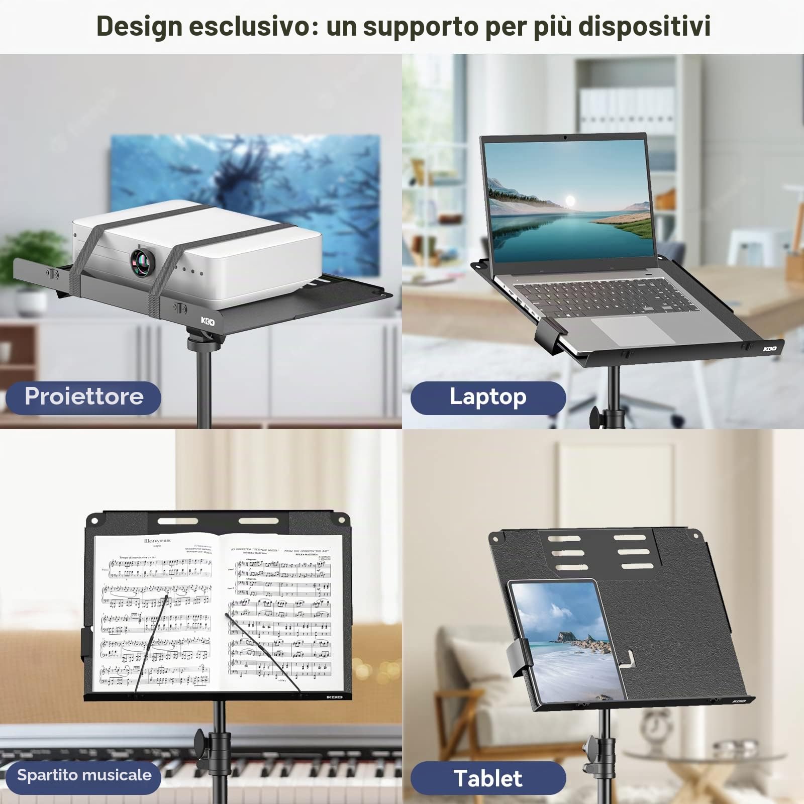 KDD Supporto Treppiede per Proiettore - 4 in 1 Leggio musicale con Braccio a Molla Supporto da Pavimento Pieghevole per Laptop con Leva Scorrevole - Altezza Regolabile da 23" a 63" e Rotazione di 180°