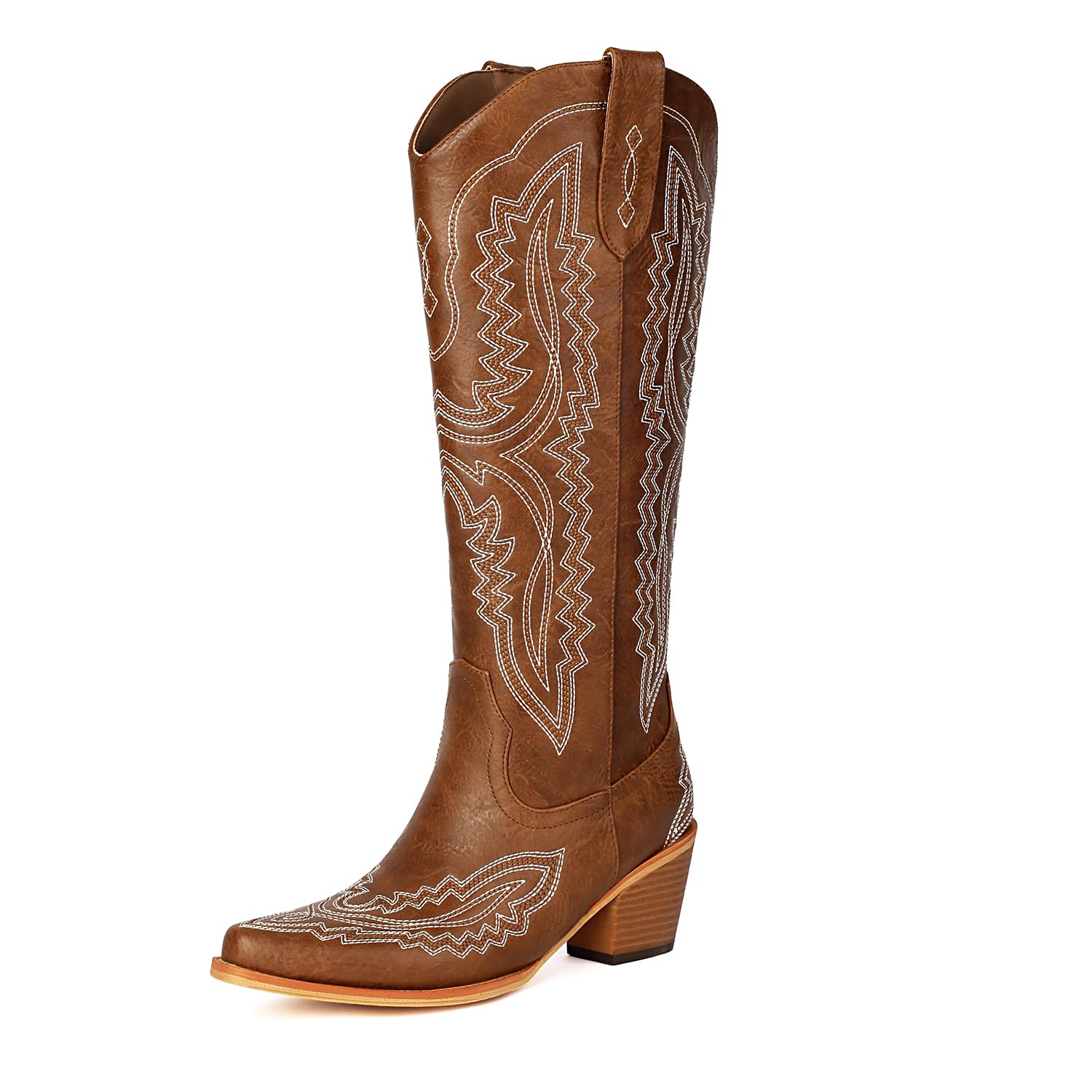 Knee High Cowboy Boots Women Western Embroidered Cowgirl Boot Pointed Toe Chunky Heel Pull On Side Zipper