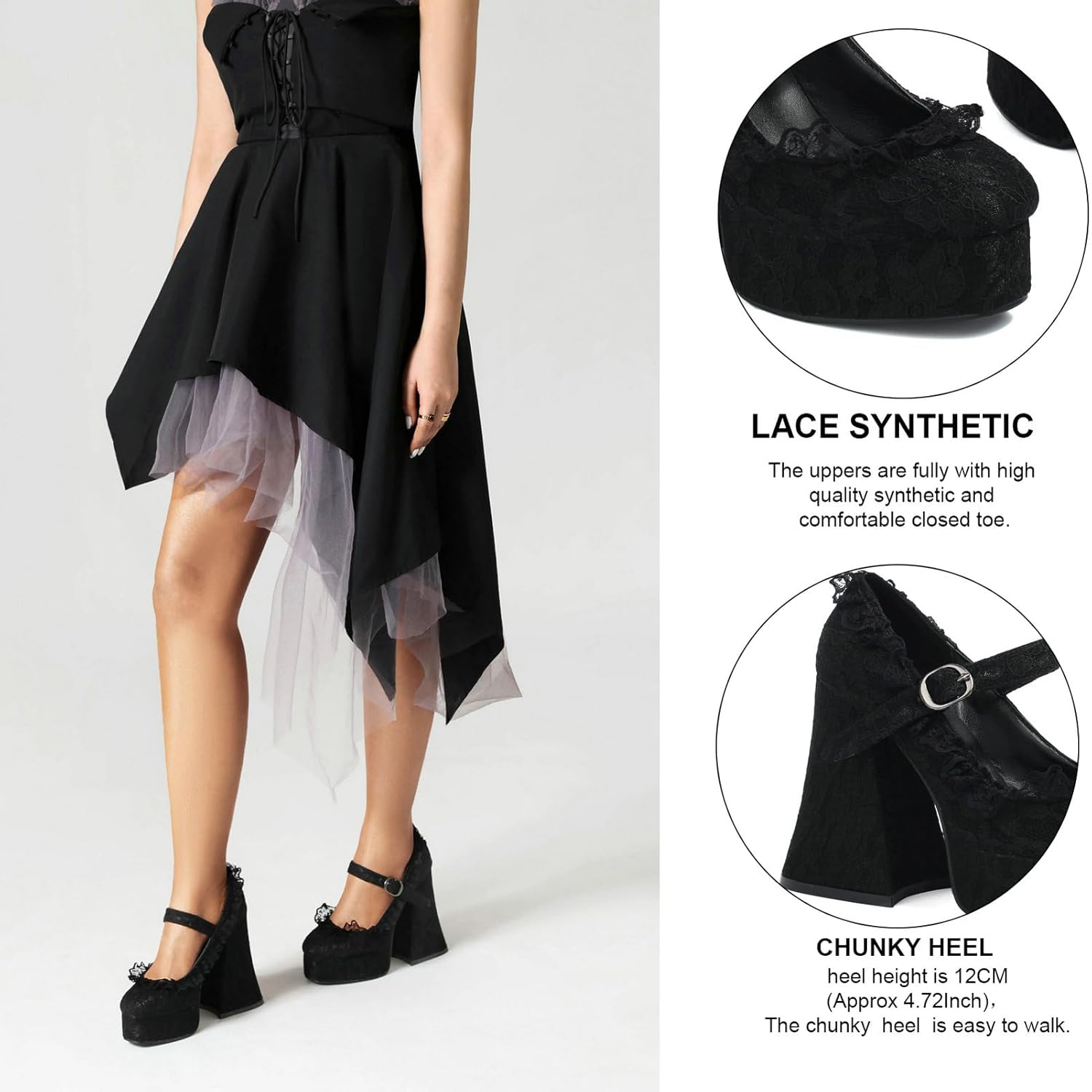 LUXMAX Women's Goth Lolita Shoes Platform Mary Janes Chunky Heel Pumps Lace Flower Gothic Heels Cosplay Shoes