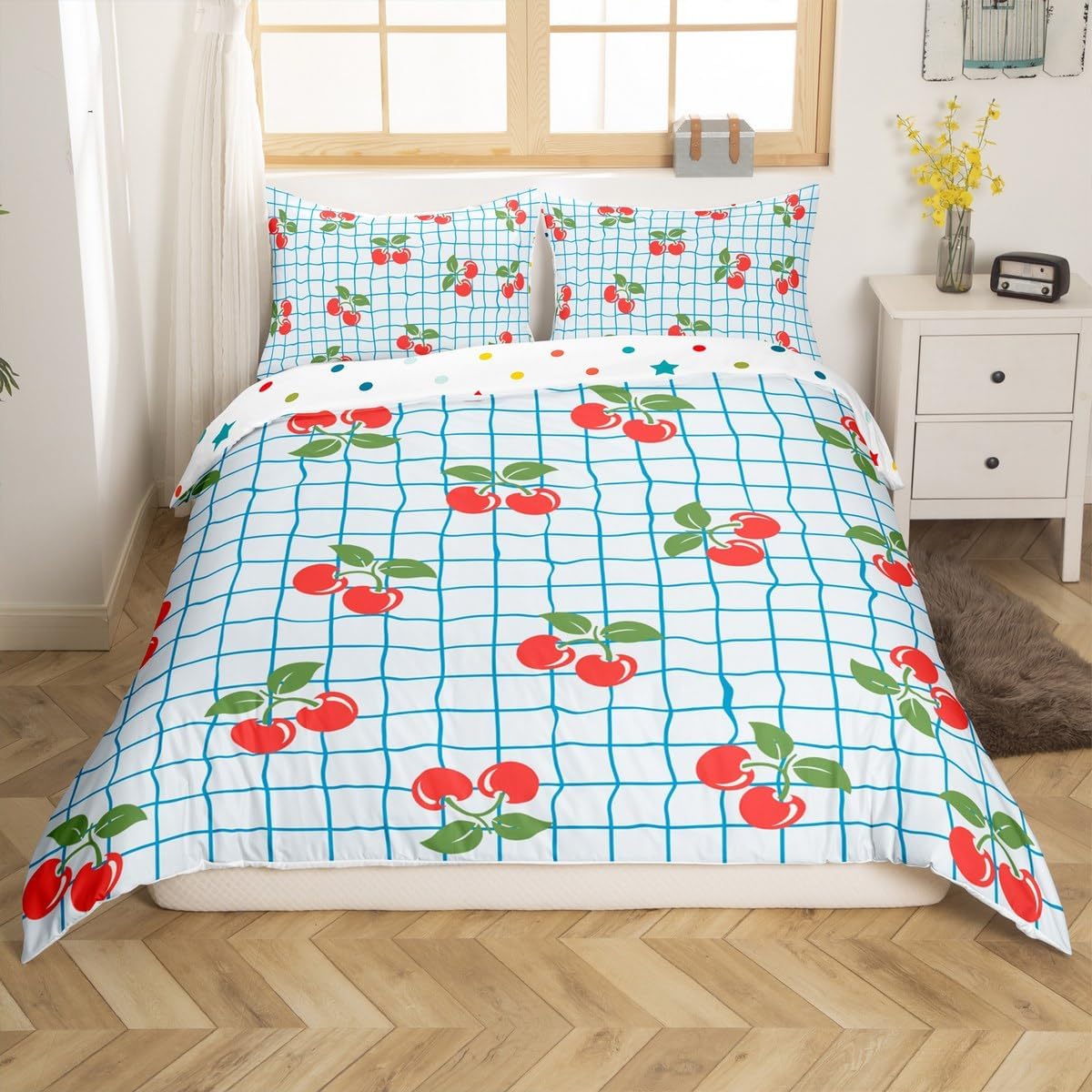 jejeloiu Cute Cherry Comforter Cover Set Cherry Fruit Duvet Cover Set for Kids Boys Girls Blue Grid Plaid Print Bedding Set Kawaii Watercolor Quilt Cover Room 2Pcs Toddler Size,Zipper,No Comforter