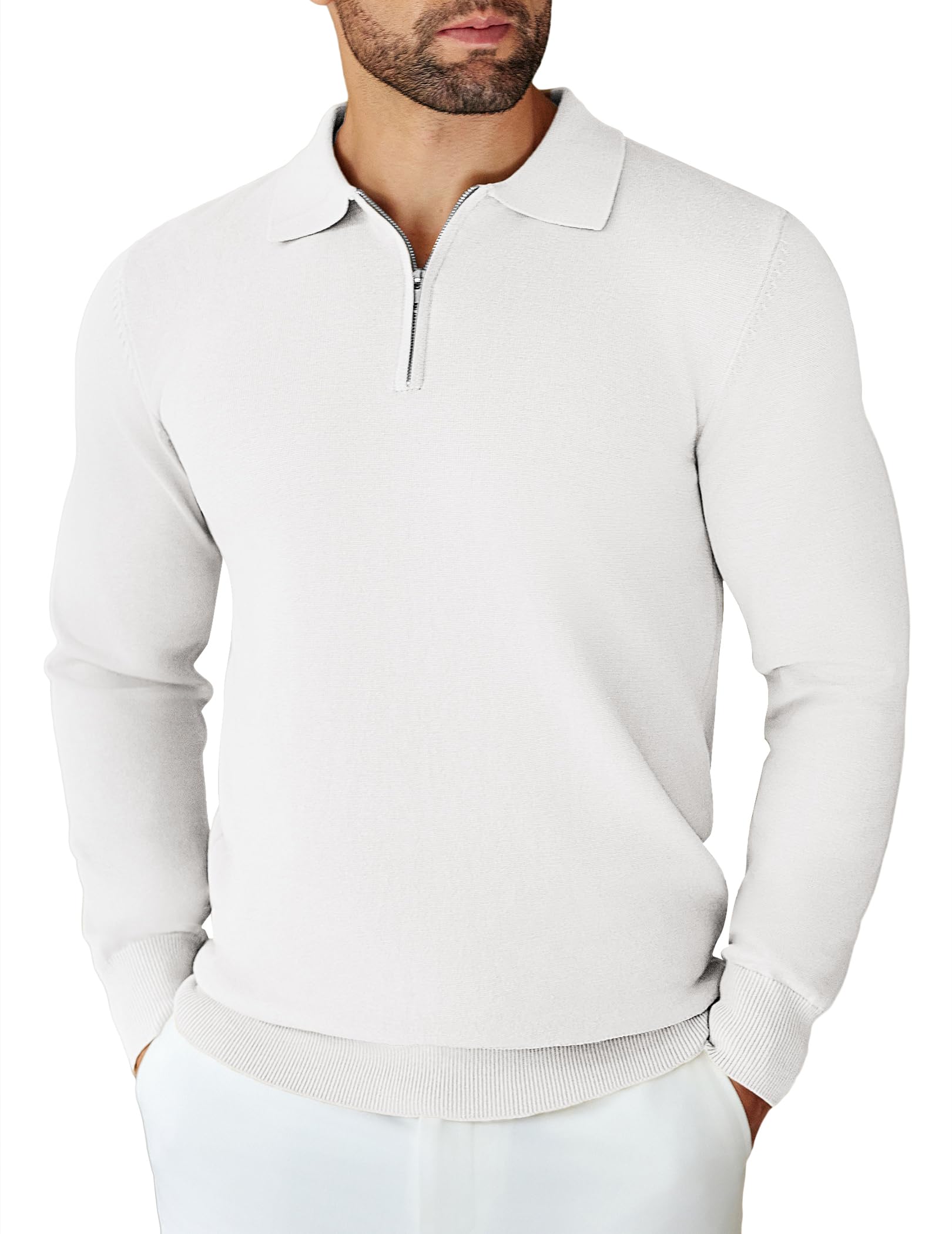 COOFANDY Herren Strickpullover Polokragen Half Zip Pullover mit Reißverschluss Einfarbig Polo Sweater Winter Warm Langarm für Business Freizeit