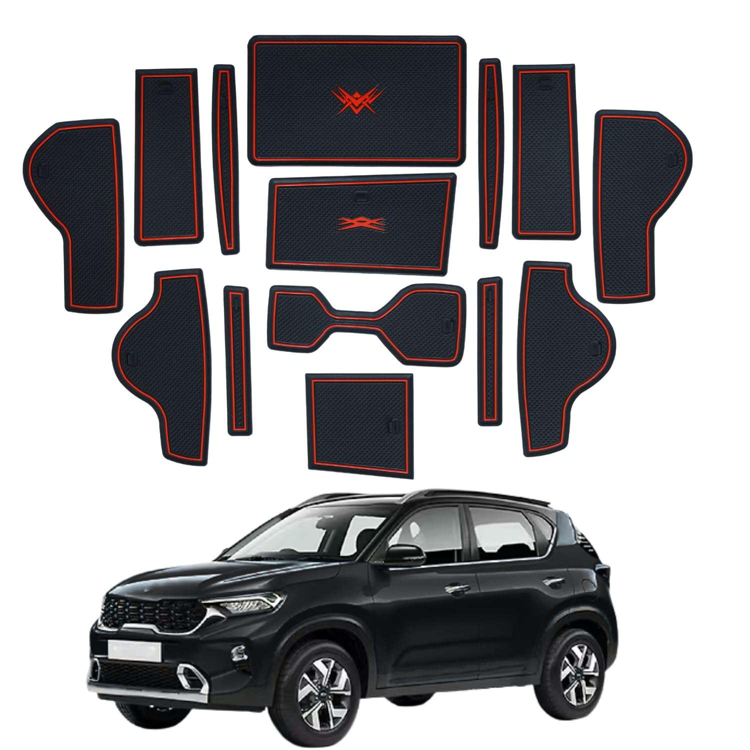 Door Cup Mats for Kia Sonet Premium Sporty Interior Car Accessories Set of 14 Pieces (Red Trim)-image-31