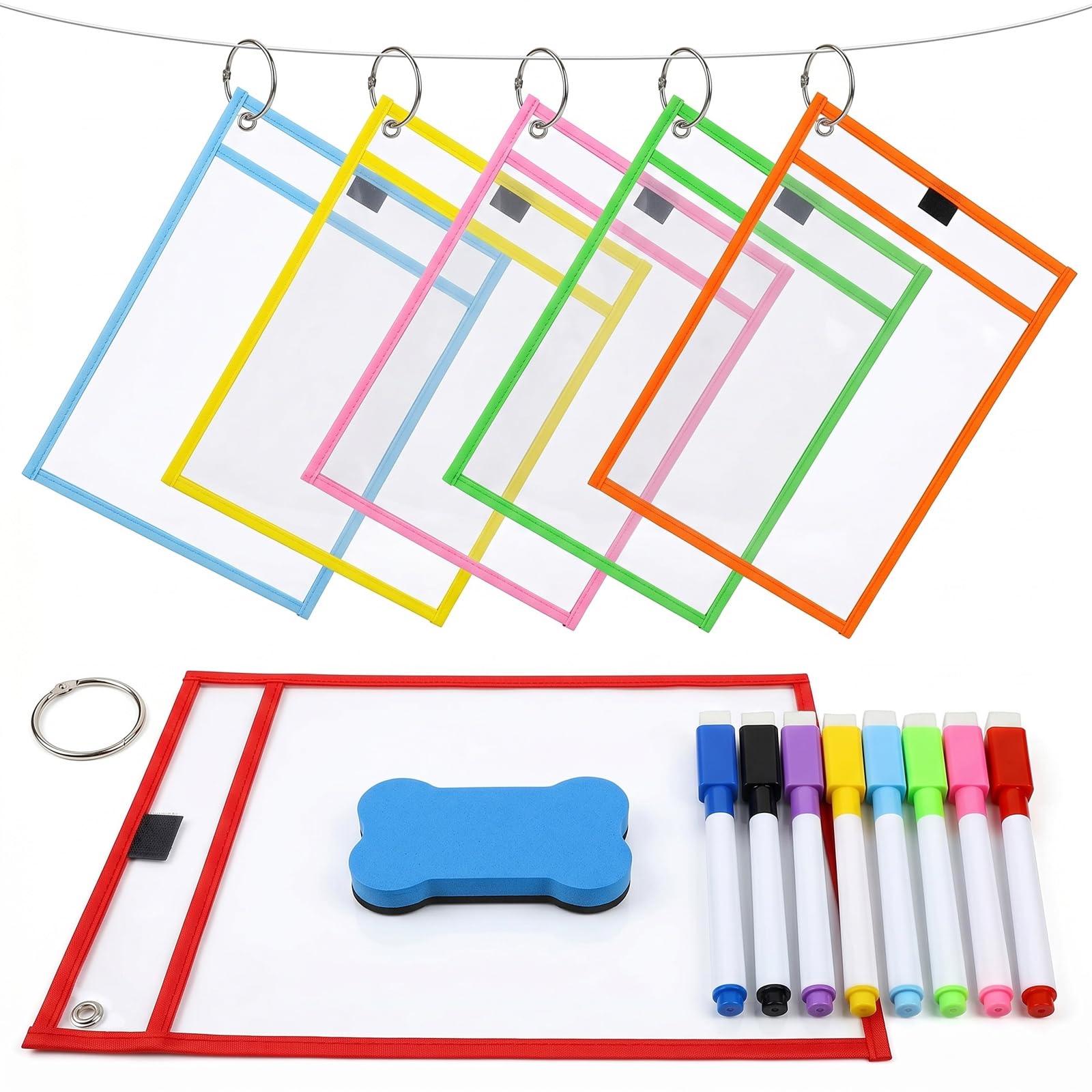 Dry Erase Pockets Set with Binder Rings 6 Colour A4 Writable Sleeves (35×25cm) 8 Colour Dry Erase Markers & Eraser Reusable Classroom Whiteboard Folders for School, Home & Office (Transparent, 21PCS)
