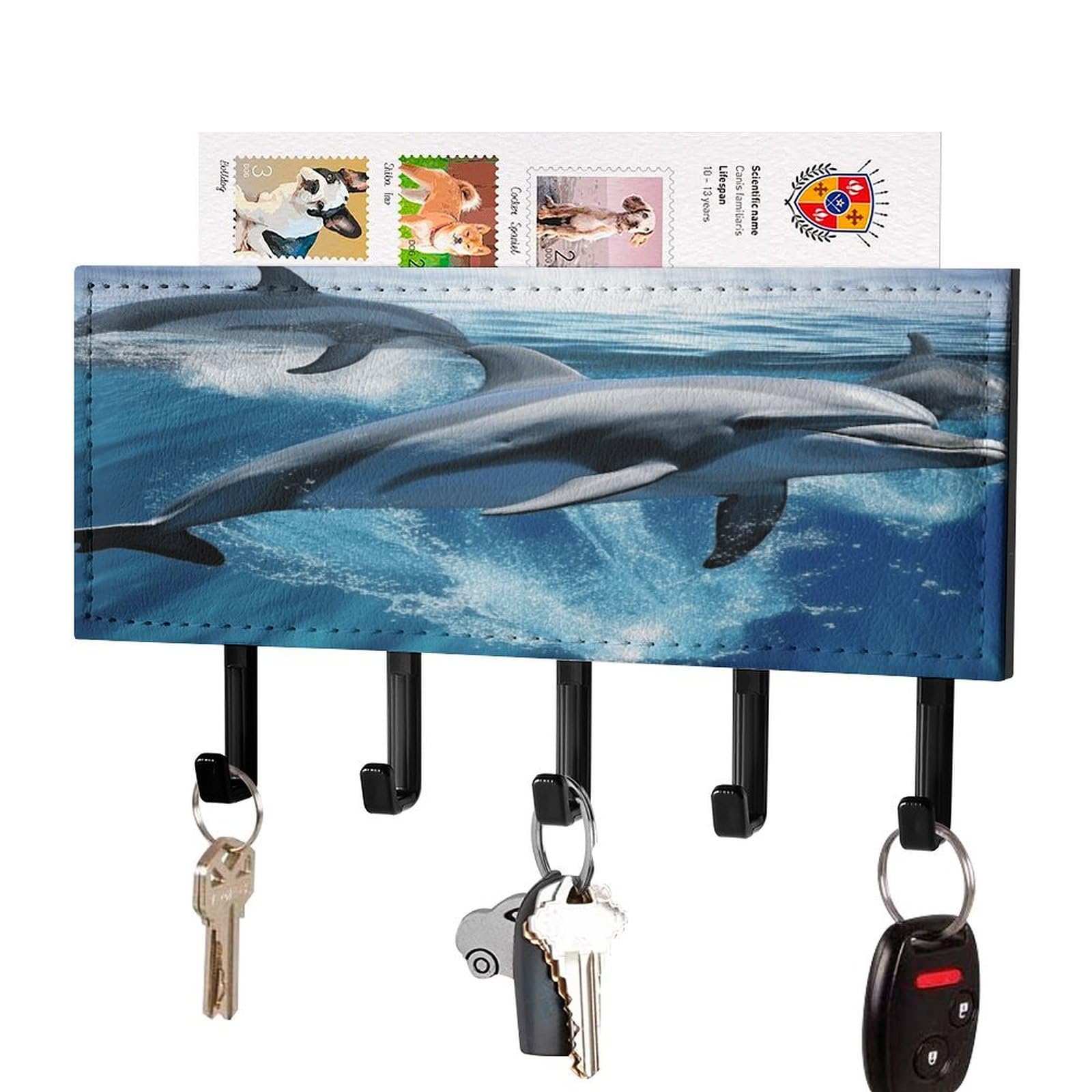 FekiLoot Dolphins Key Holder for Wall Decorative Mail Organizer with 5 Key Hook Self Adhesive Key Rack with Tray Coat Rack Wall Mount Key Hanger Decor for Entryway Door