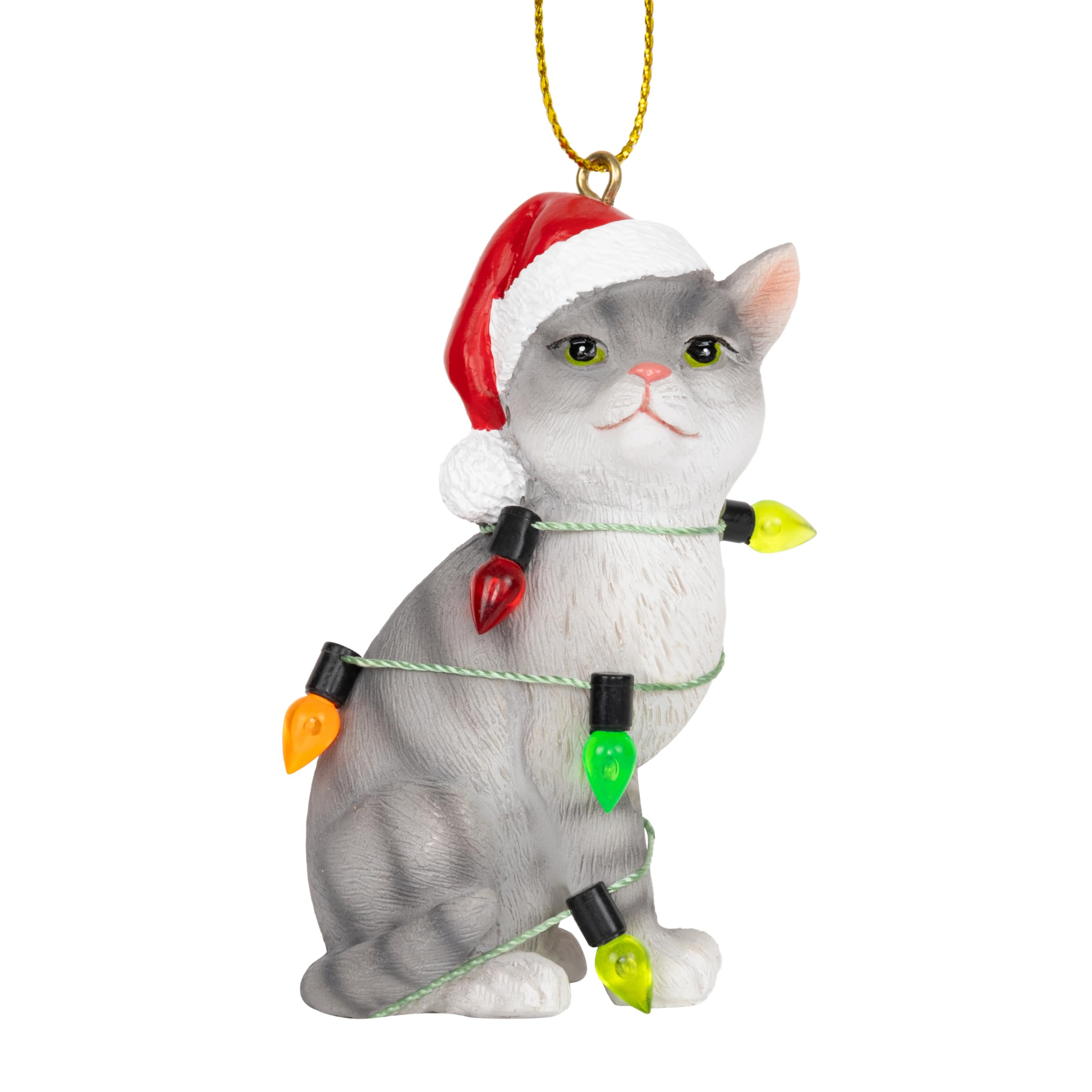 Gray Silver Tabby Cat Christmas Tree Ornament With Santa Hat