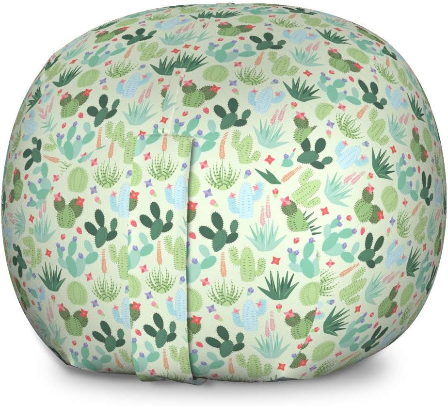 Ambesonne Succulent Storage Toy Bag Chair, Botanical Desert Foliage Pattern Cactus Plants and Blossoming Petals, Stuffed Animal Organizer Washable Bag, Small Size, Pastel Green Multicolor