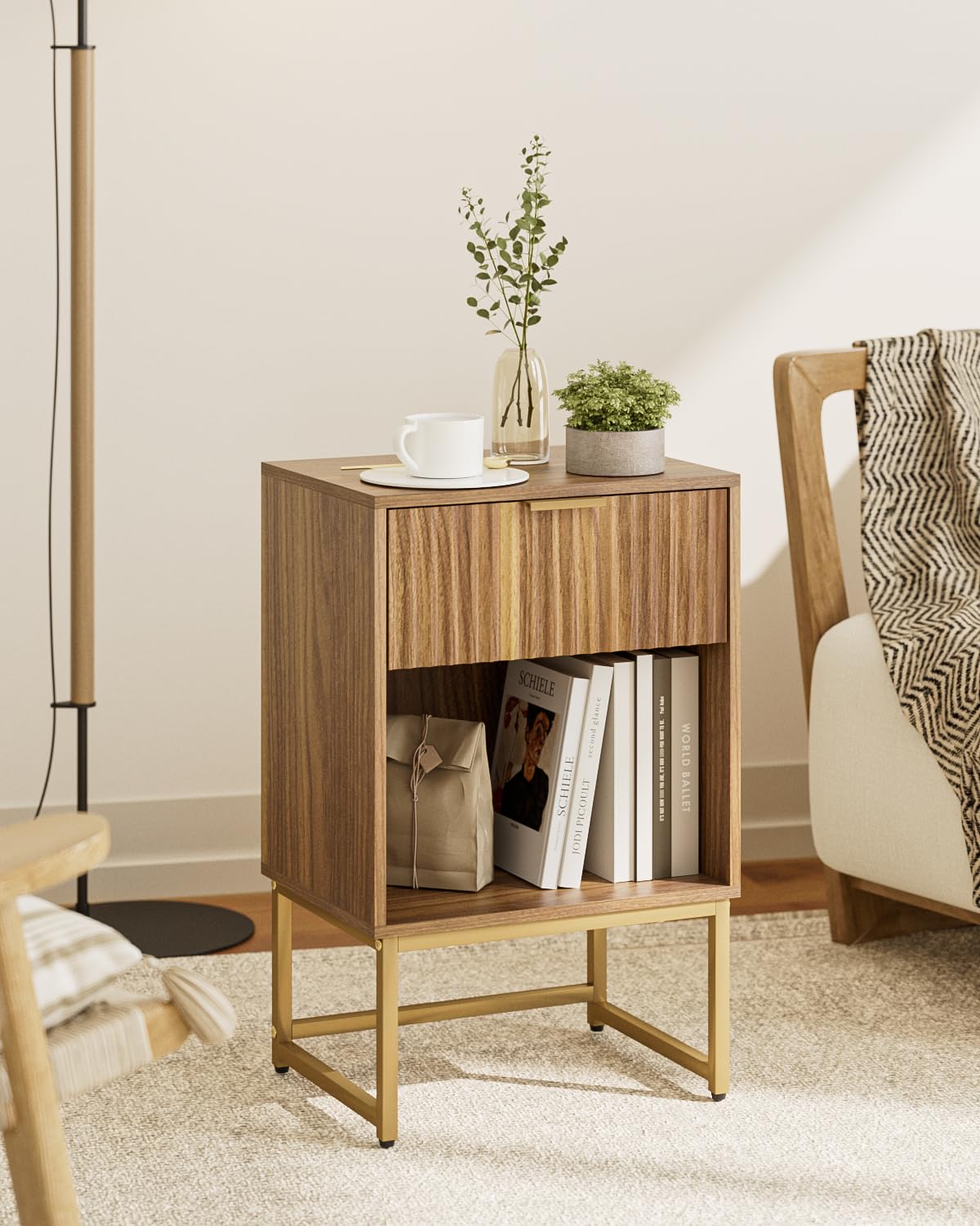 HEYZOEY® Bedside Table with Drawer, 40cm Wide Side Table and Large Shelf, Modern Bedside Cabinet for Bedroom, Living Room, Office (40 x 30 x 60 cm, Walnut Brown Fluted Finish)-image-48