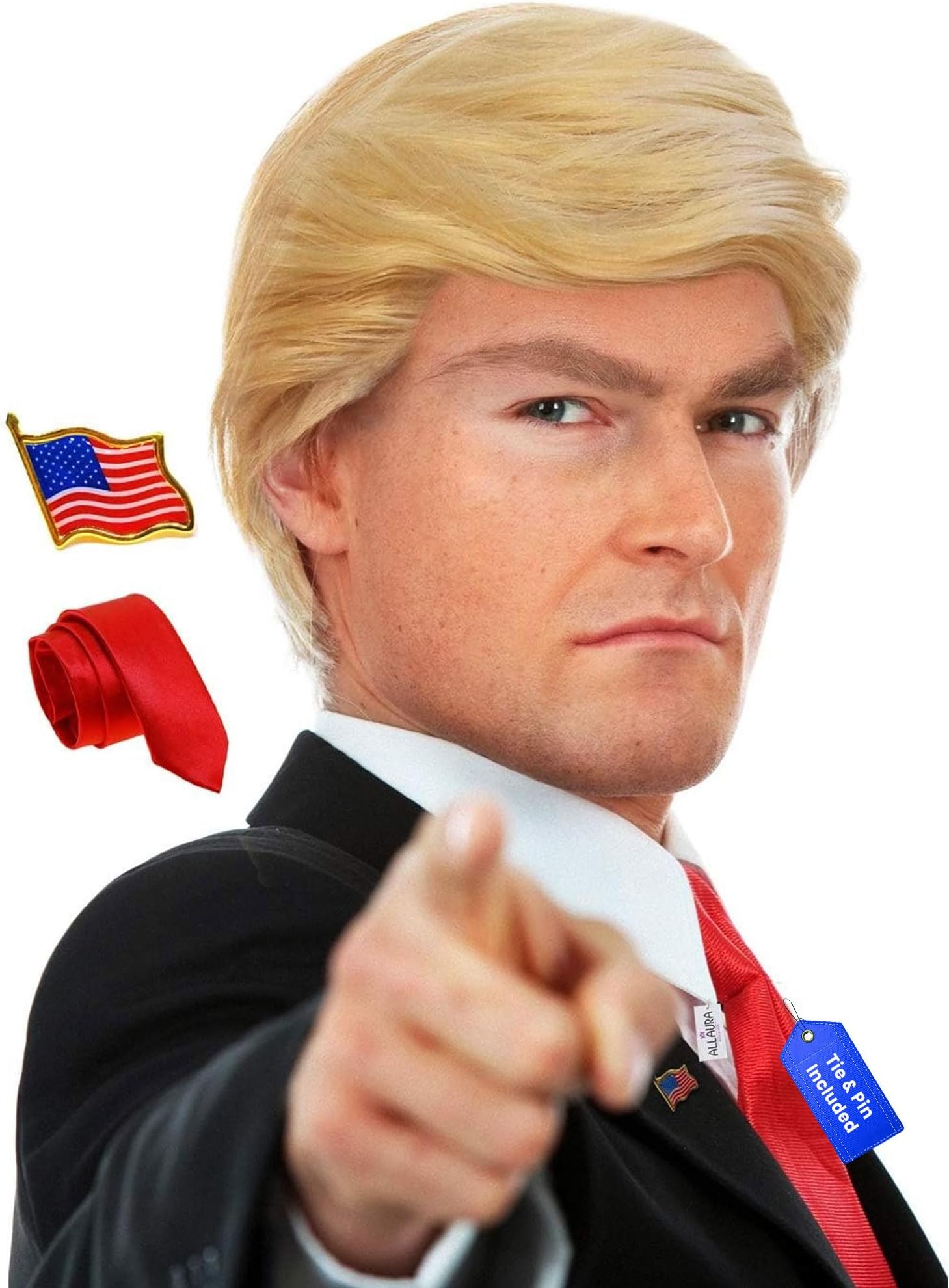 3pc Donald Costume Kit – Blonde Wig, Red Tie, Flag Pin – Compatible with Pres Donald Wig Halloween Costume for Adults, Couples, Cosplay, Political Events, Parody Outfits, Toupee Wig Look