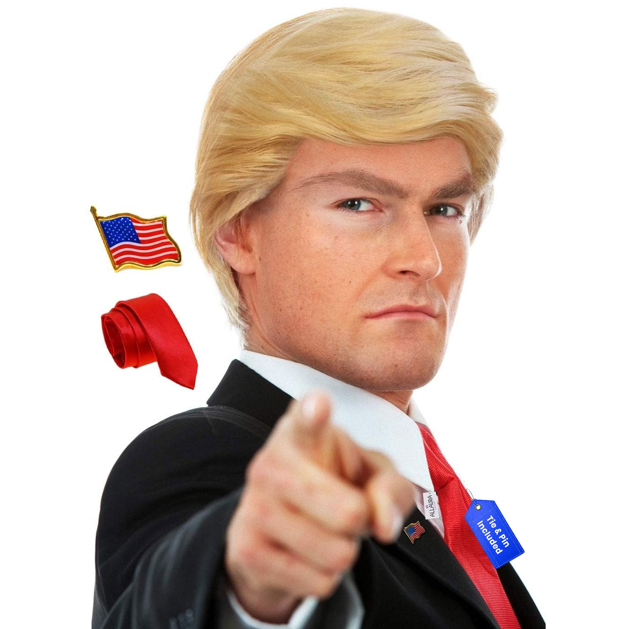 3pc Donald Costume Kit – Blonde Wig, Red Tie, Flag Pin – Compatible with Pres Donald Wig Halloween Costume for Adults, Couples, Cosplay, Political Events, Parody Outfits, Toupee Wig Look