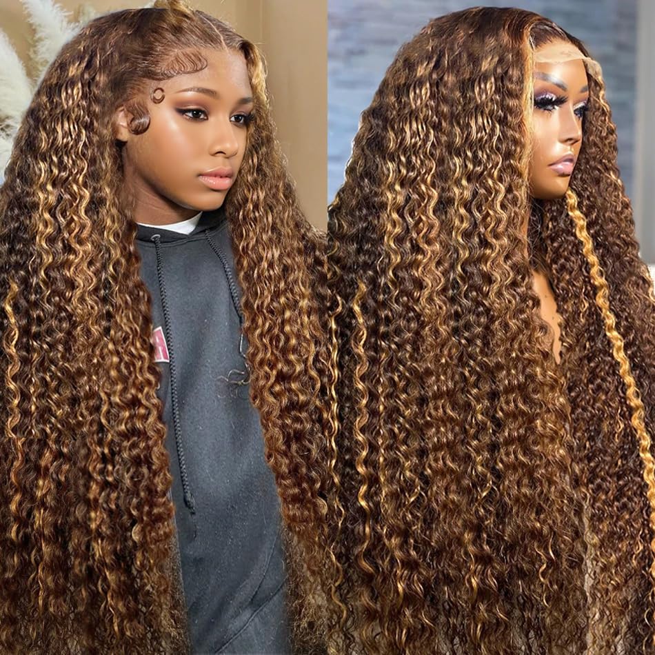 360 Deep Wave Lace Front Wigs Human Hair 220% Density Honey Blonde Deep Curly Human Hair wig Ombre Deep Wave 4/27 Highlight Lace Front Wigs Pre Plucked Wet And Wavy Water Wave Wig for Women 28 Inch