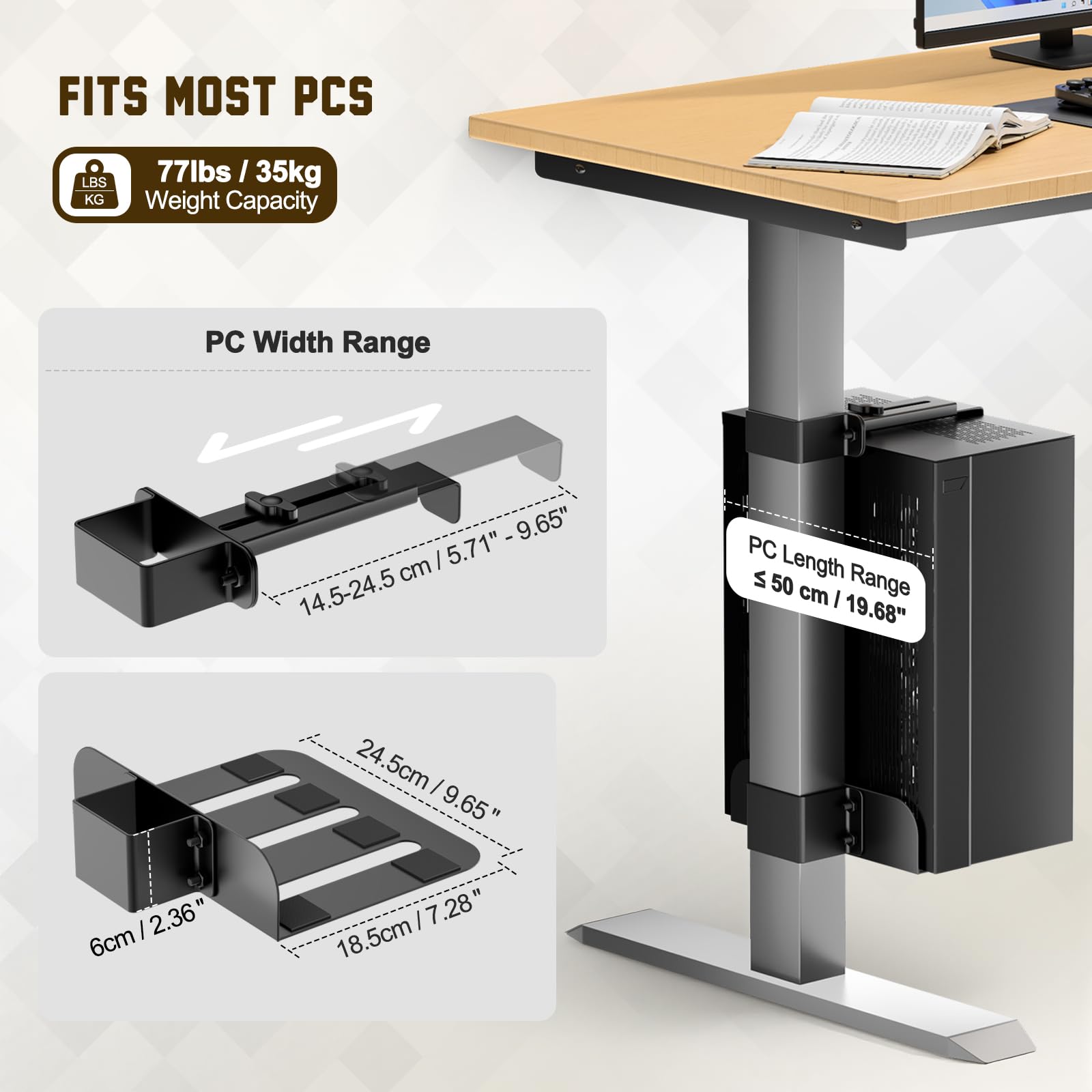 Soporte PC Bajo Mesa, Soporte Torre Ordenador con Altura y Ancho Ajustables, Soporte CPU Bajo Mesa Sin Necesidad de Taladrar, Ahorra Espacio en Hogar Oficina, Soporta Hasta 35kg, Compatible 65*45 mm