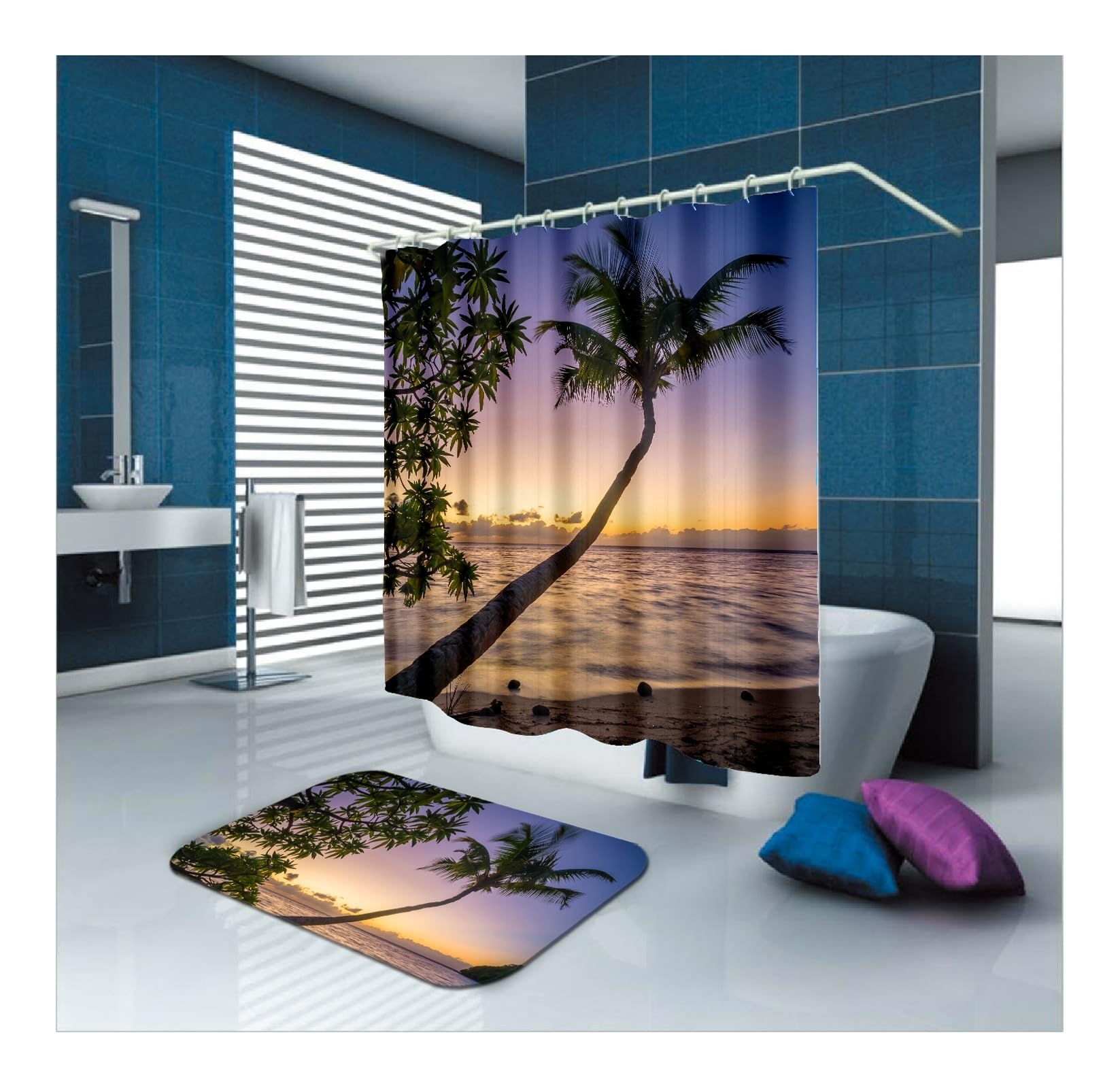 Duschvorhang Bunt 165x200 cm Textil, Sonnenuntergang Strand Baum Muster Badvorhang Polyester Waschbar Stoff 1,65 x 2m Lang(BxH) mit Duschvorhangringen