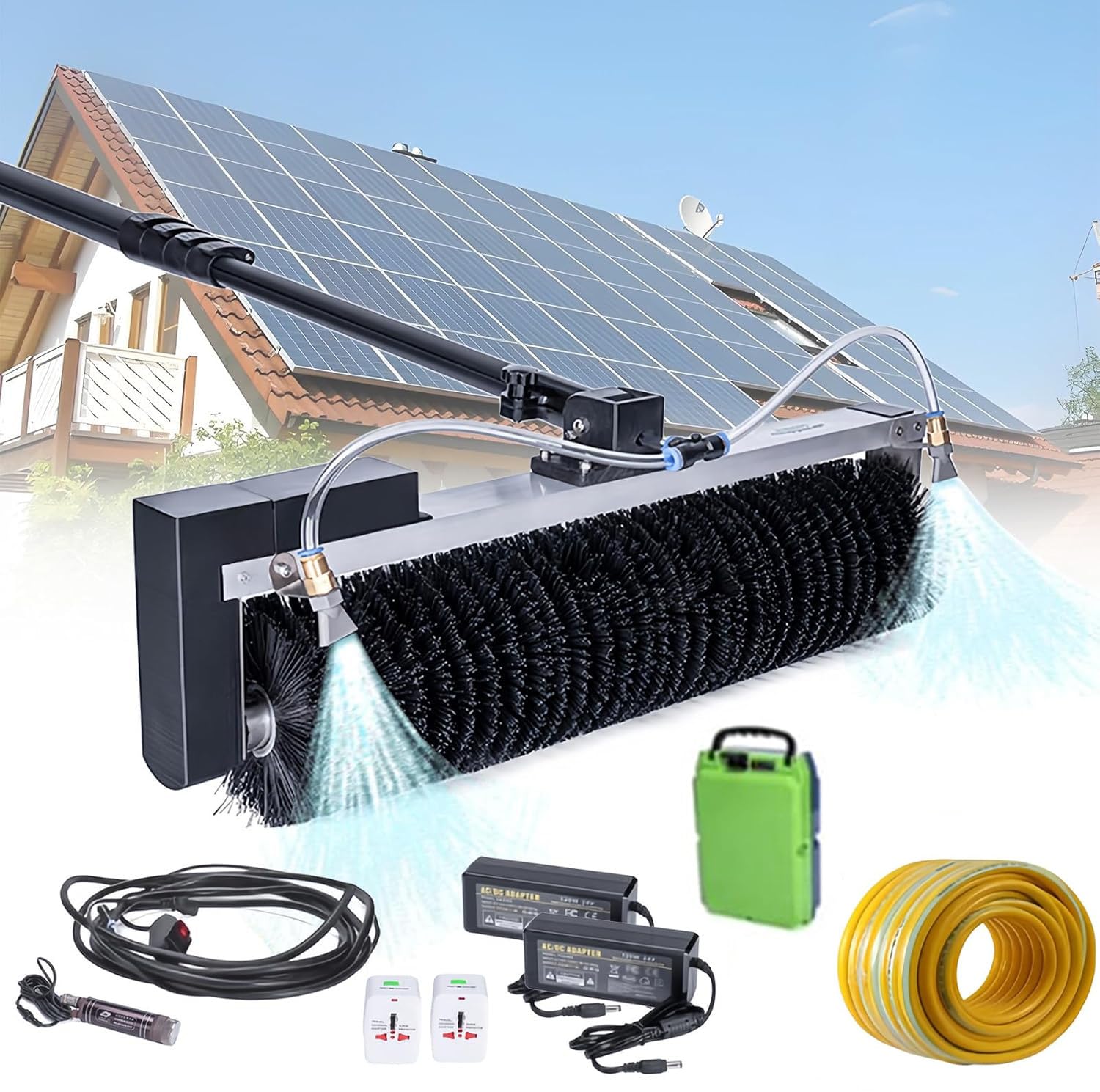 GTHTUHFD Electric Solar Roller Brush Cleaning Tool, Extendable Aluminum Pole, Powered By Lithium Battery, High-Cleaning For Solar Panels, Windows & Greenhouse,5.5M/18FT
