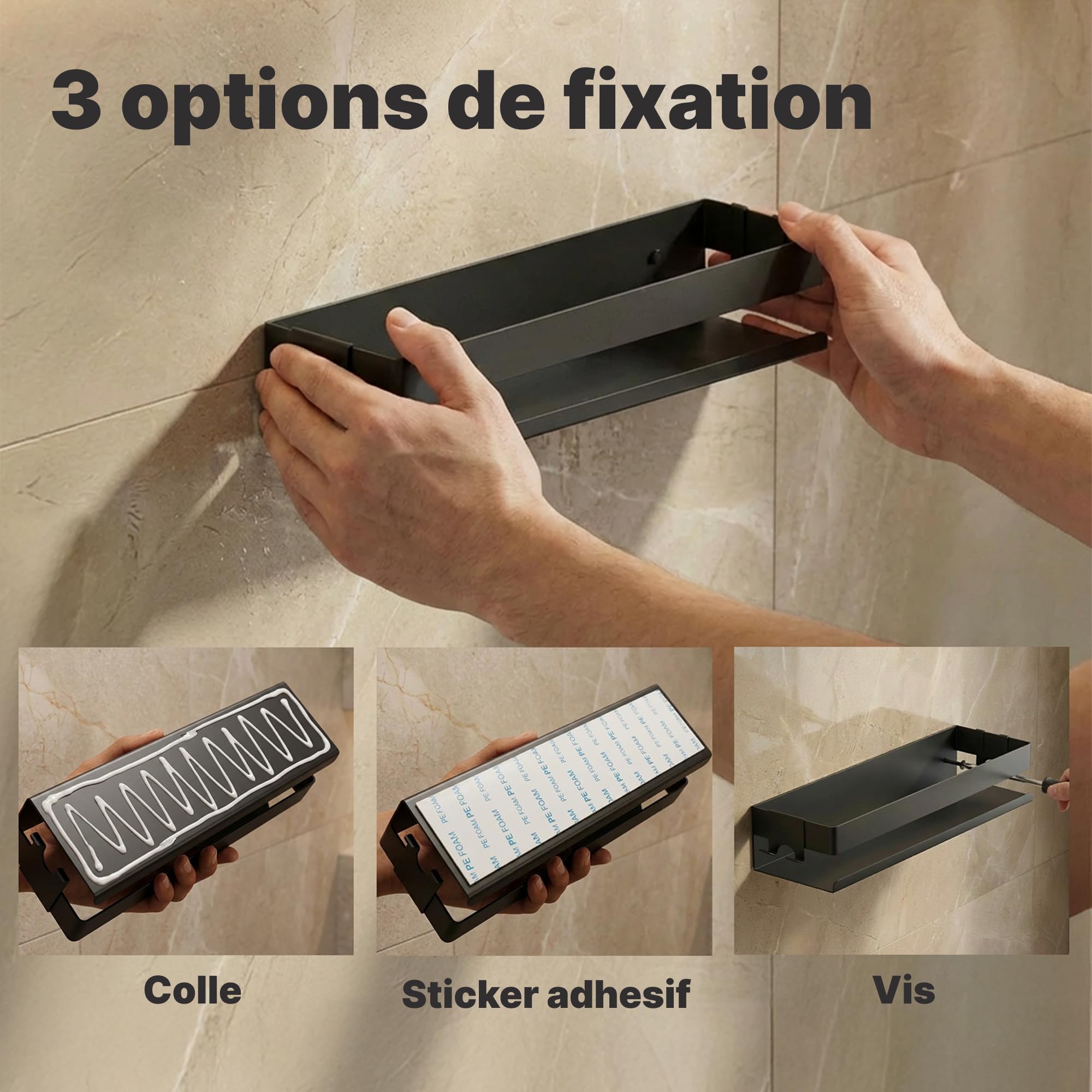 Minismus etagere douche sans percage, avec crochets mobiles et barre de securite, pour accessoires de salle de bain, adhesif ou a visser, etagere salle de bain durable, porte savon douche étagère