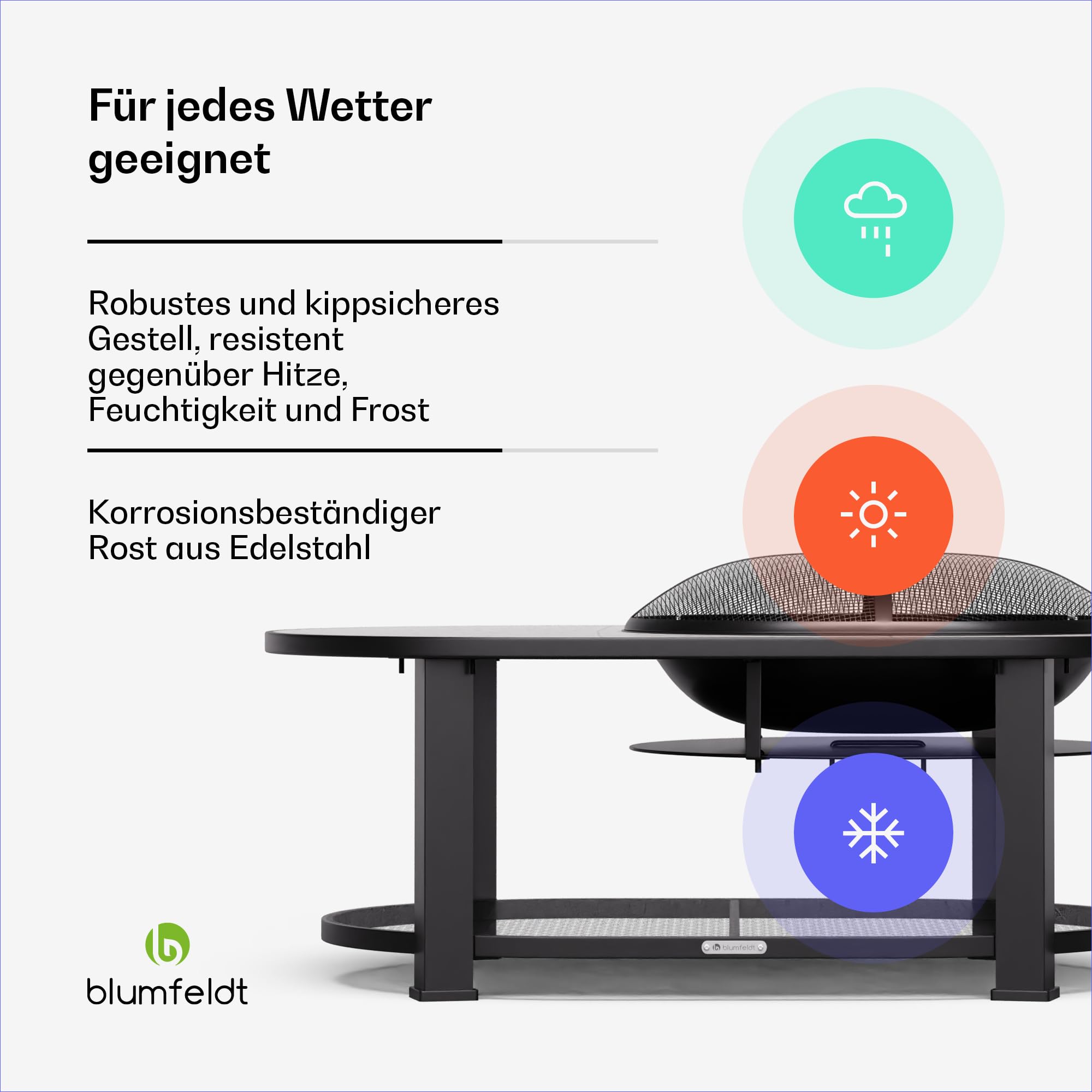 Blumfeldt Merano Circolo L Feuerschale - 3-in-1 Feuerschale mit Grillrost & Tisch, robuster Stahlrahmen, Terrazzo-Tischplatte, inkl. Funkenschutz, Schürhaken & Deckel, für Garten & Terrasse