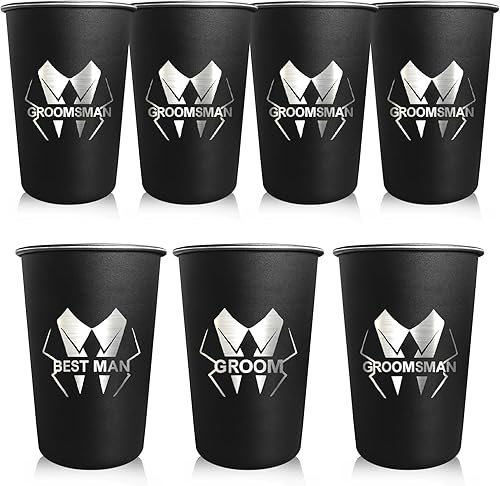 Miniatura 1 de PartyGifts&beyond Regalos de padrinos de boda, 7 tazas de 16 onzas para novio y escuadrón de novio para despedida de soltero, vaso de acero