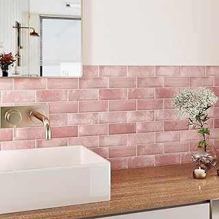 Wallercity Glossy Marble Pink Peel and Stick Backsplash 3D Self Adhesive...