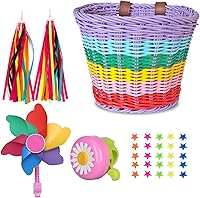 Vista 1 de Cesta de bicicleta para niñas, cesta de bicicleta ajustable para manillar delantero con serpentinas de bicicleta, juego de campana/molino de viento