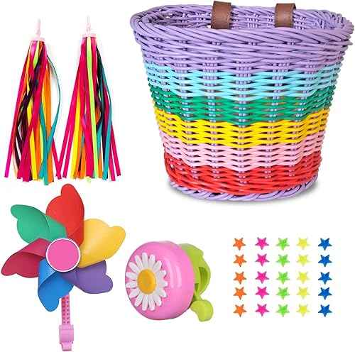 Cesta de bicicleta para niñas, cesta de bicicleta ajustable para manillar delantero con serpentinas de bicicleta, juego de campanamolino de viento