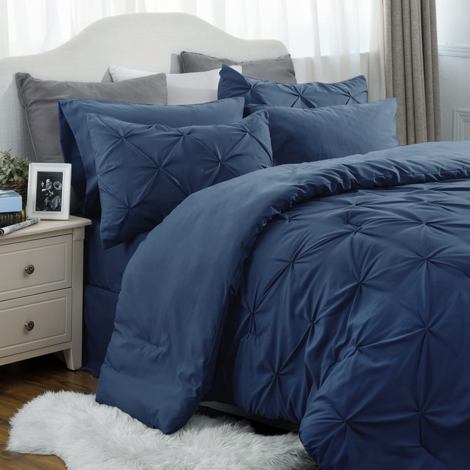 bedsure twin comforter set with sheets - 5 pieces twin bedding sets, pinch pleat navy blue twin bed in a bag with comforters, sheets, pillowcase & sham, kids bedding set