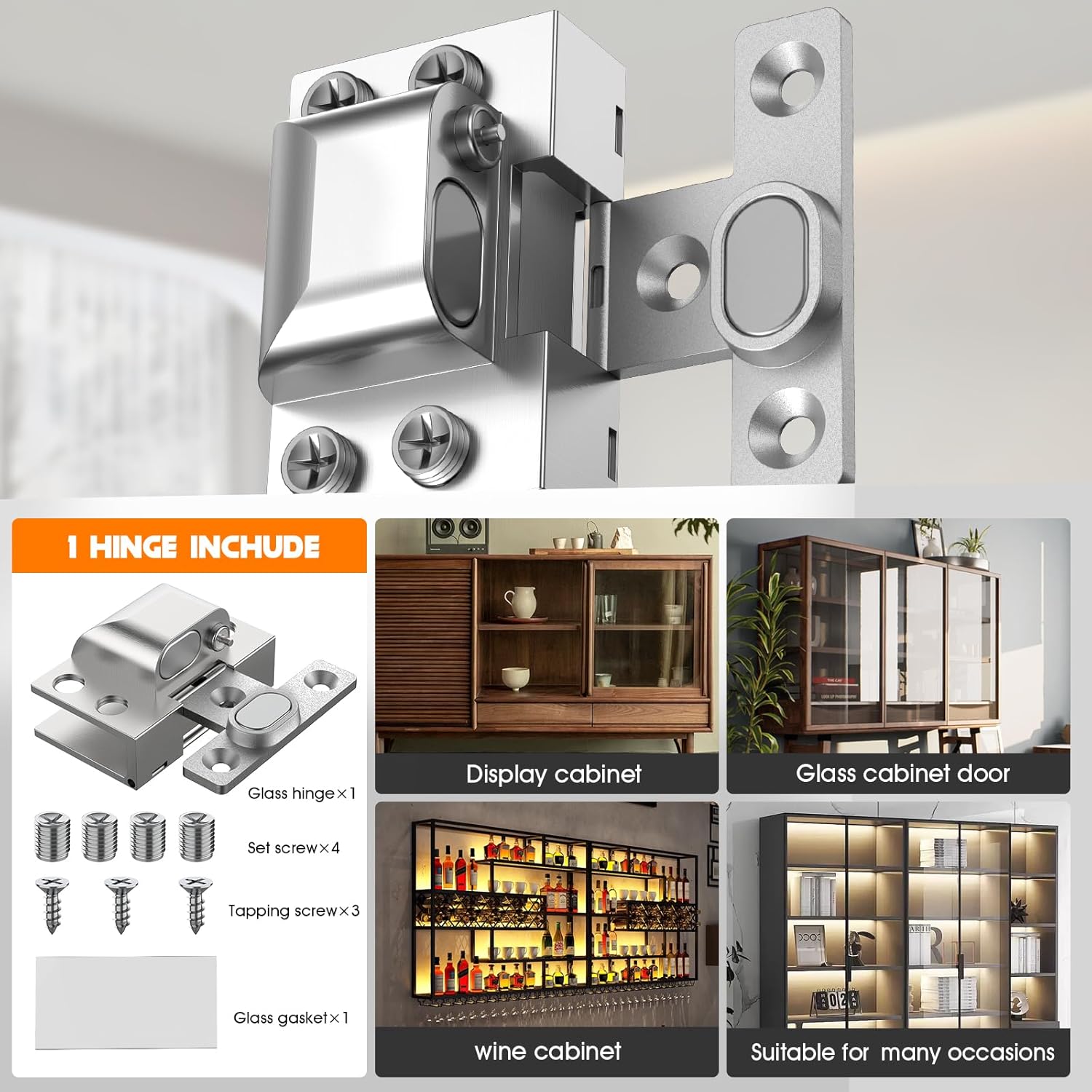 Glass Door Hinges,Glass Hinges,Glass Cabinet Hinges,304 Stainless Steel,Silent Closing for Thickness 5-8mm Doors (Silver,4 Pack)