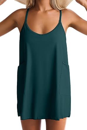 One Piece Swimdress Swimsuit for Women Two-in-One Swim Dresses Skirt Bathing Suit with Two Pockets Built in Shapewear