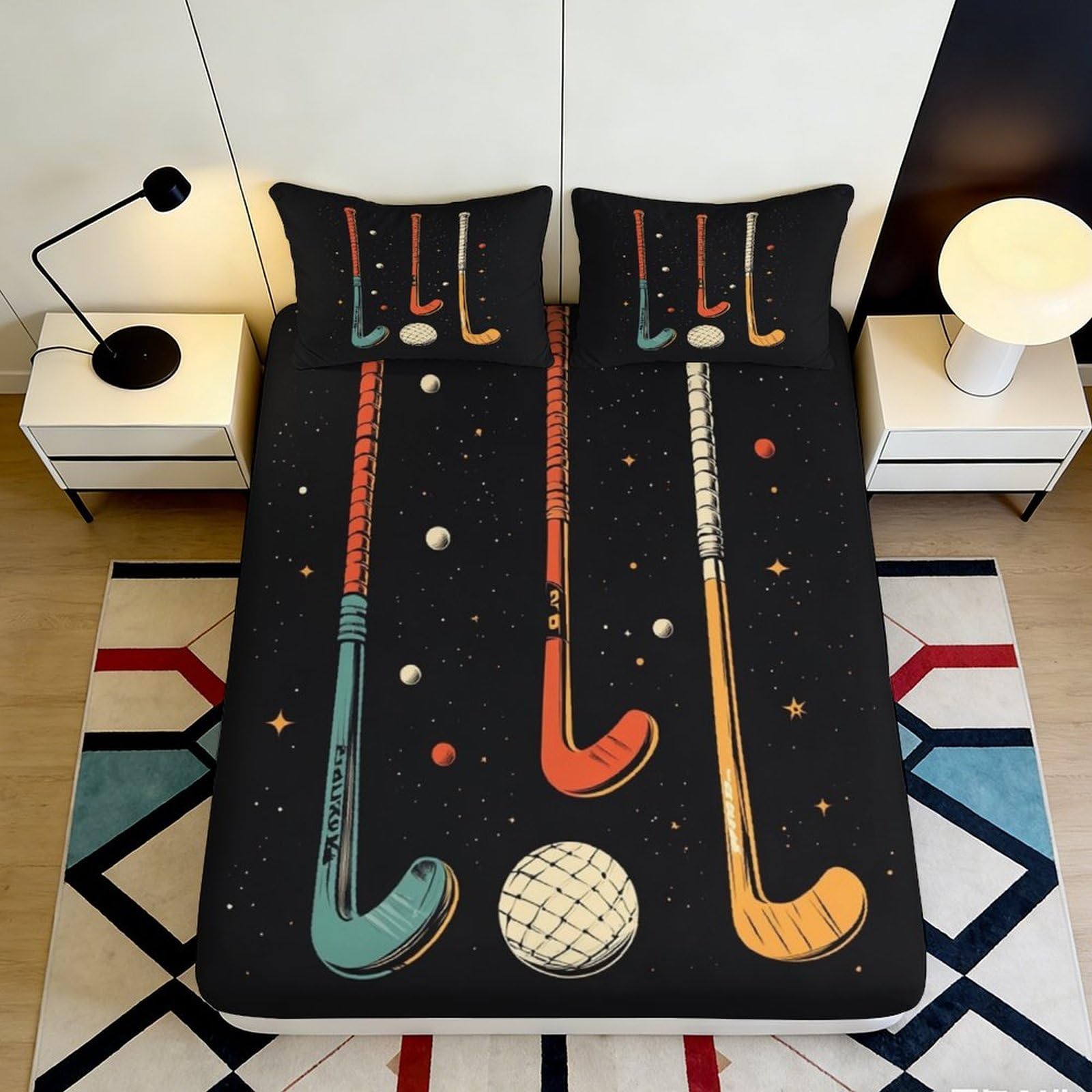 3D Printed Hockey Stick Fitted Sheet Microfiber Black Bed Cover for Bedroom Dorm Machine Washable Decor 90x200x25cm