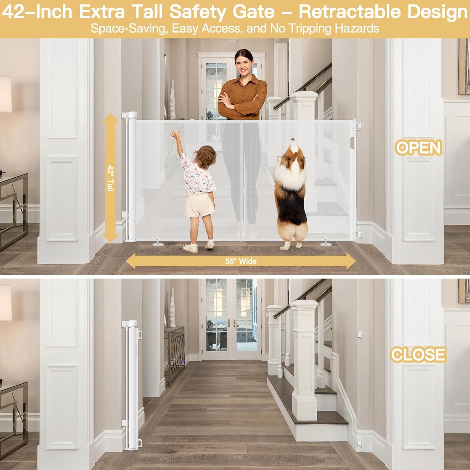 Reinforced 42" Extra Tall Retractable Baby Gates Tall Dog Gate with Support Rods, 55" Wide Mesh Gate Retractable Pet Gate Indoor/Outdoor Baby Gates for Dogs - Bottom Anti-Escape, White