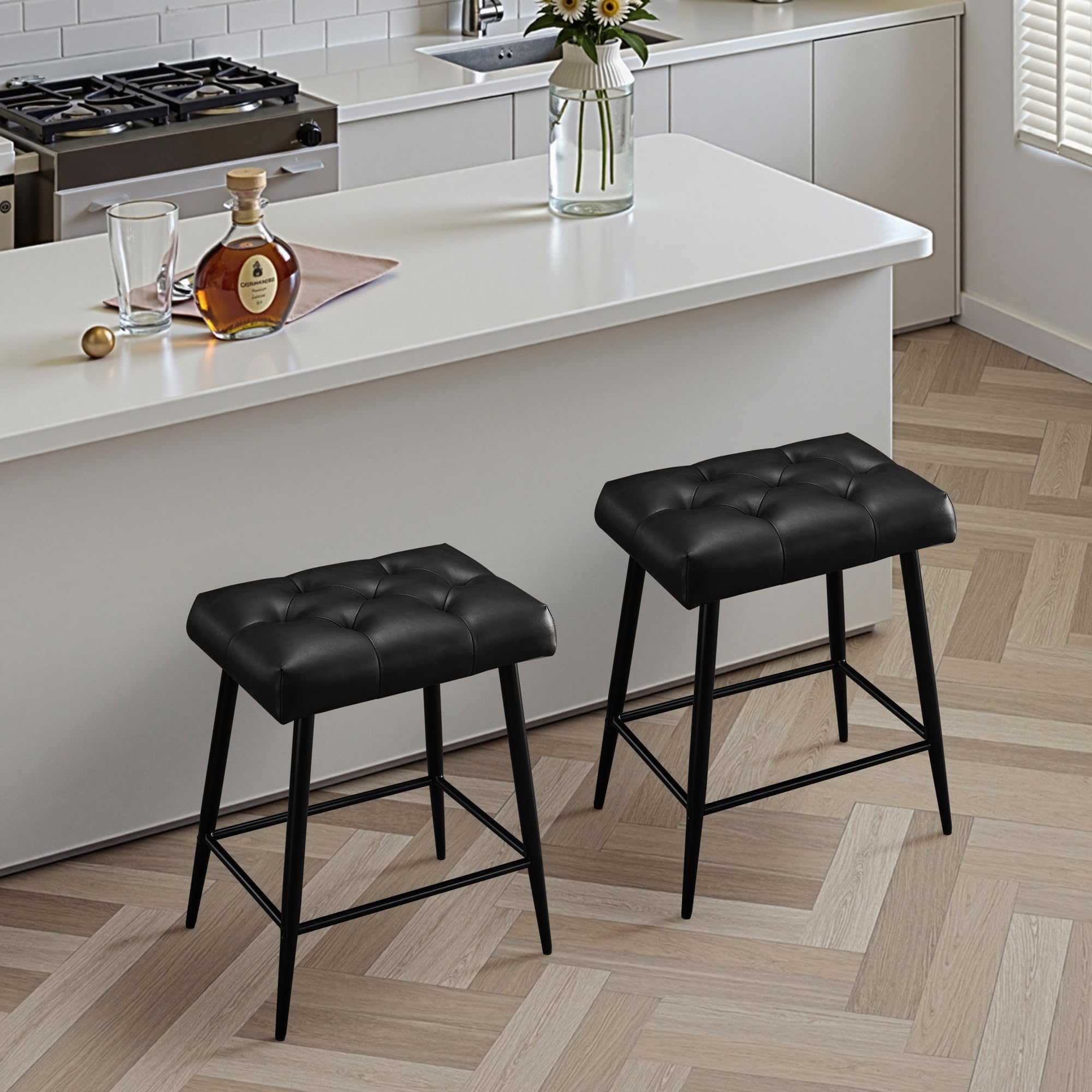 STOOLINK Juego de 2 Taburete Bar, Taburete Alto Cuero de Microfibra, Taburete Cocina con Reposapiés 62.5 cm Altura, Taburete de Bar 150 kg para Comedor, Mostrador-Negro