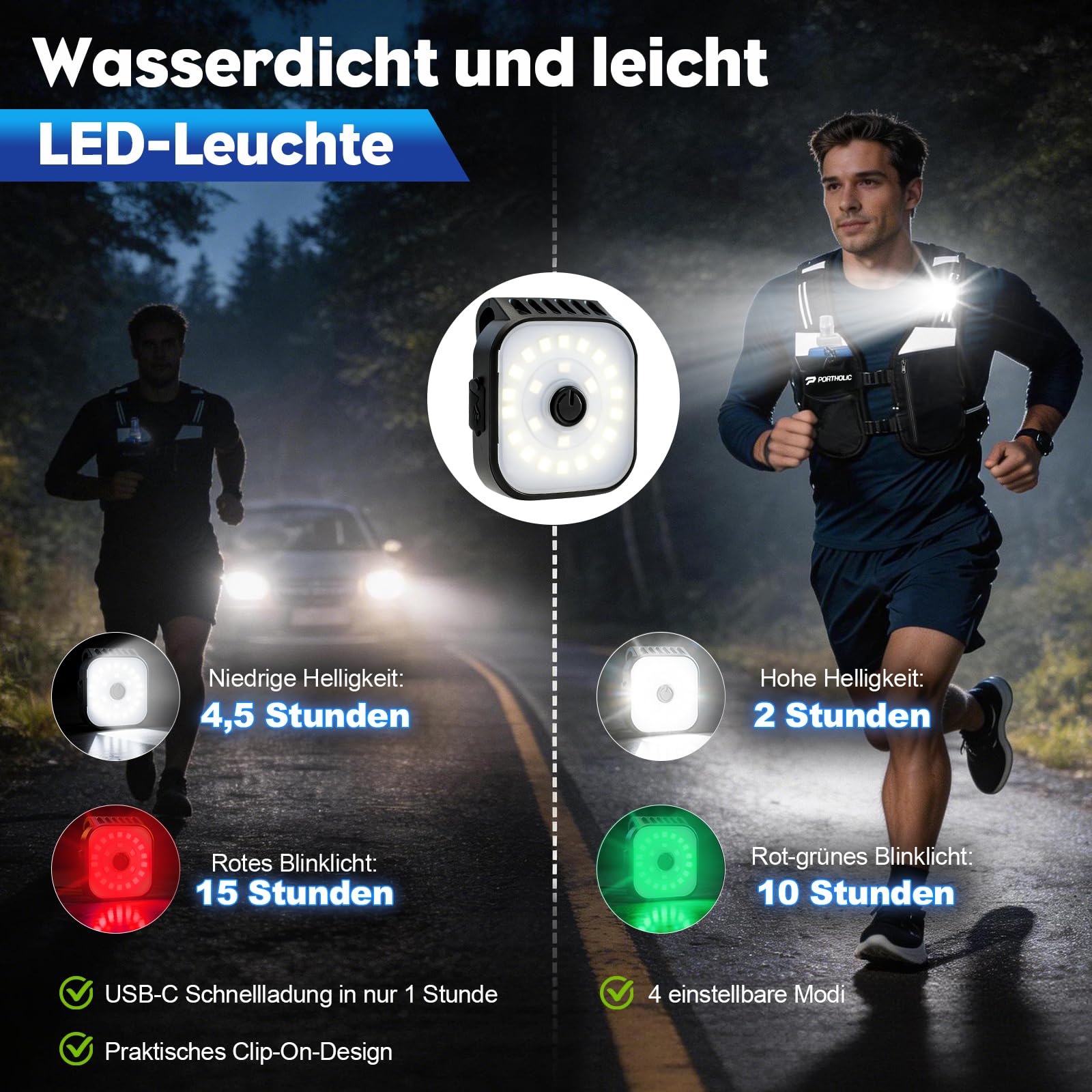 PORTHOLIC Gilet da corsa da uomo e donna, con 2 bottiglie da 500 ml, luce a LED, riflettente a 360°, impermeabile, leggero e regolabile, per jogging, trail running, trekking, maratona
