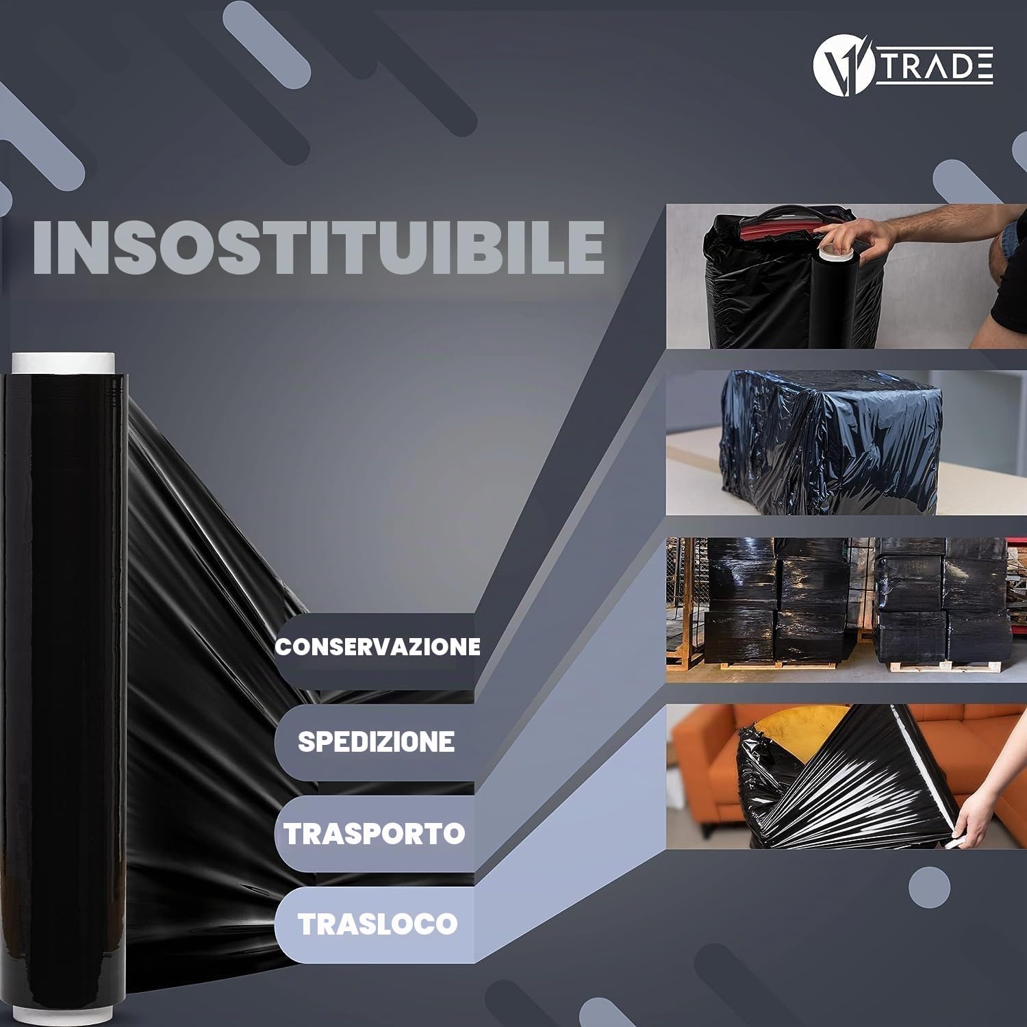 V1 Trade Pellicola per Imballaggio Nera – 6 Rotolo 350 m x 50 cm – Spessore 23 micron – Film Estensibile Trasloco Mobili – Stretch Film per Pallet
